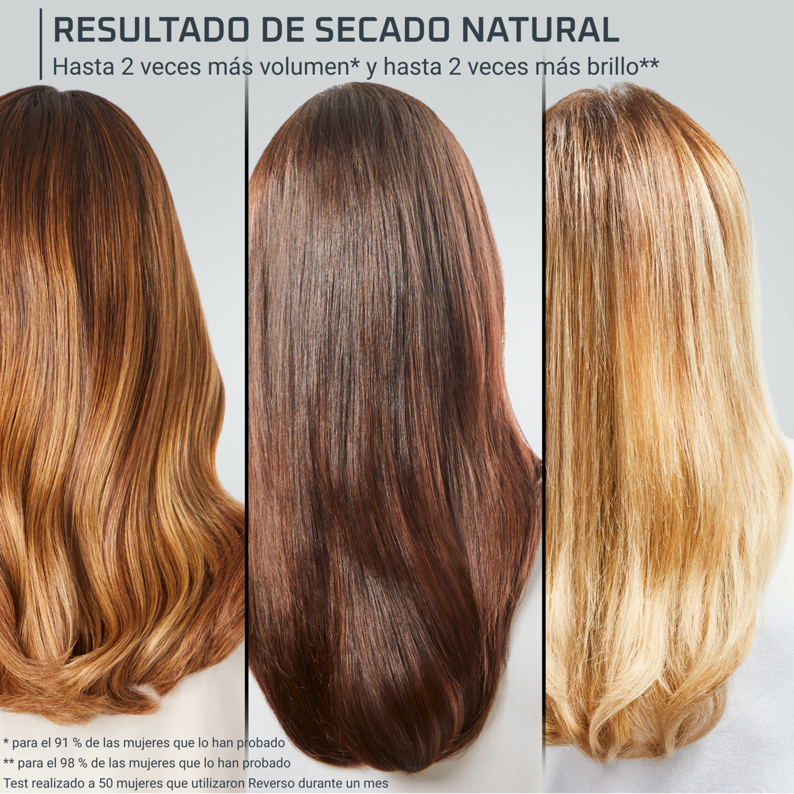 Tres muestras de cabello que muestran diferentes tonos de cabello castaño y rubio.