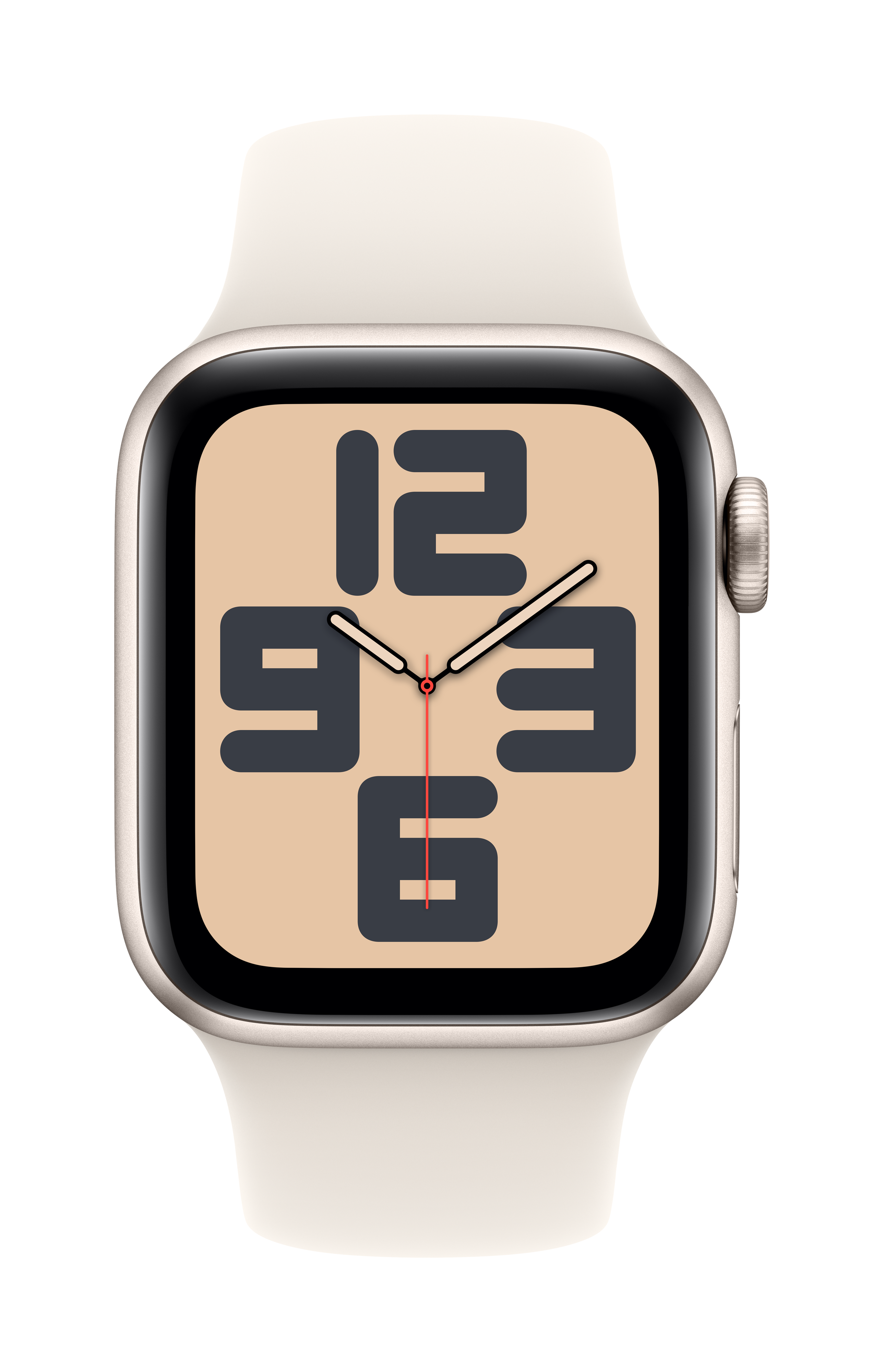 Apple Watch mit cremefarbenem Armband, schwarzem Display mit großen Zahlen, auf weißem Hintergrund.