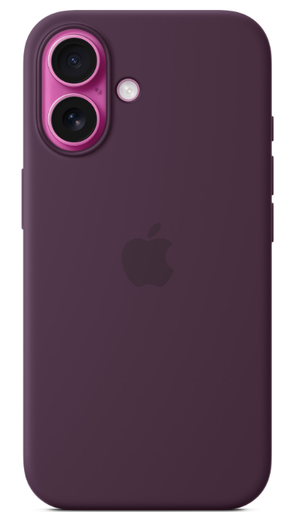 Fioletowe etui na iPhone'a z logo Apple i obiektywami aparatu.