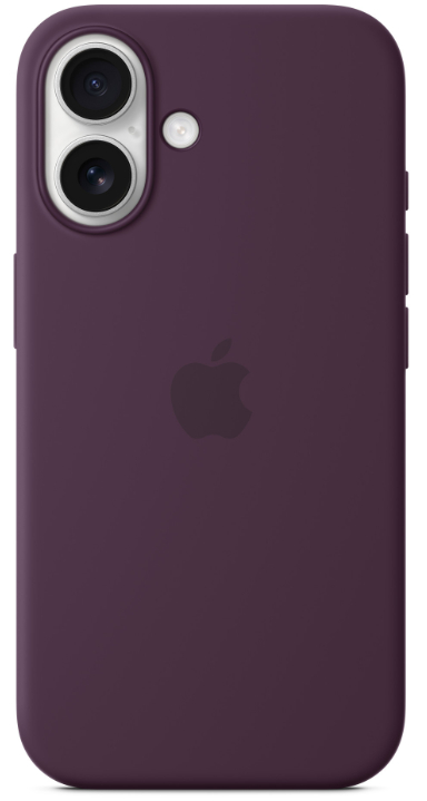 Fioletowe etui na iPhone'a z logo Apple, z aparatem i bocznymi przyciskami.