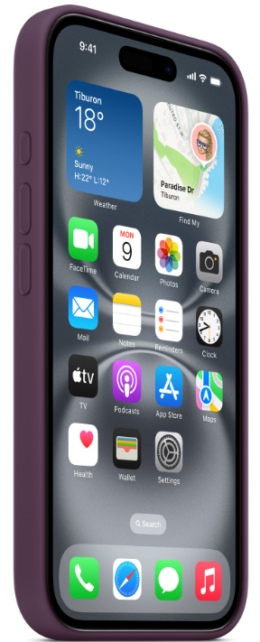 Fioletowy iPhone z etui, wyświetlający ikony aplikacji na ekranie.