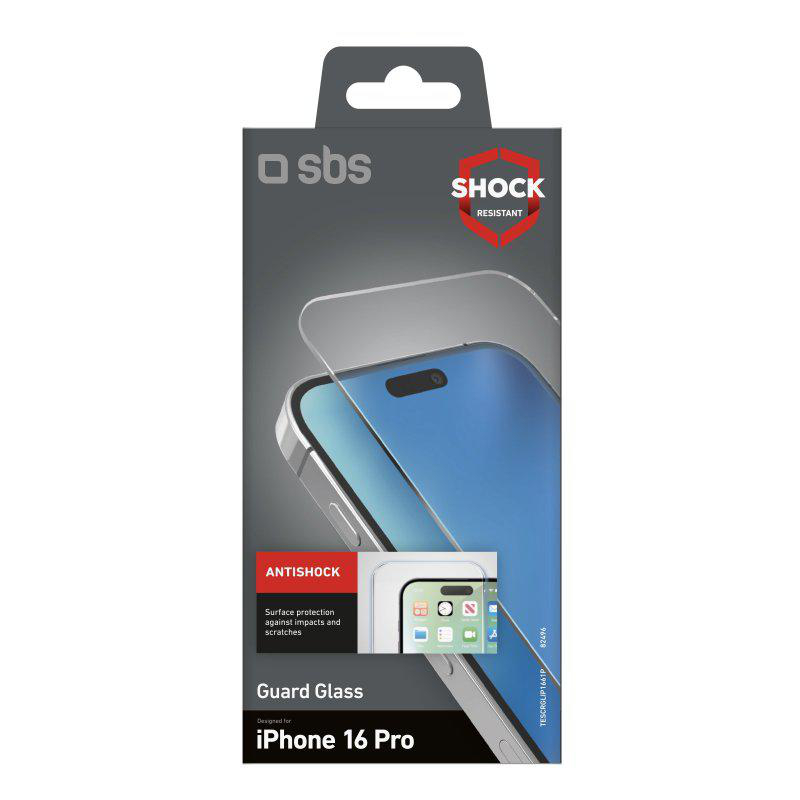 Eine Verpackung für einen Displayschutz mit einer iPhone 16 Pro Illustration und Text.
