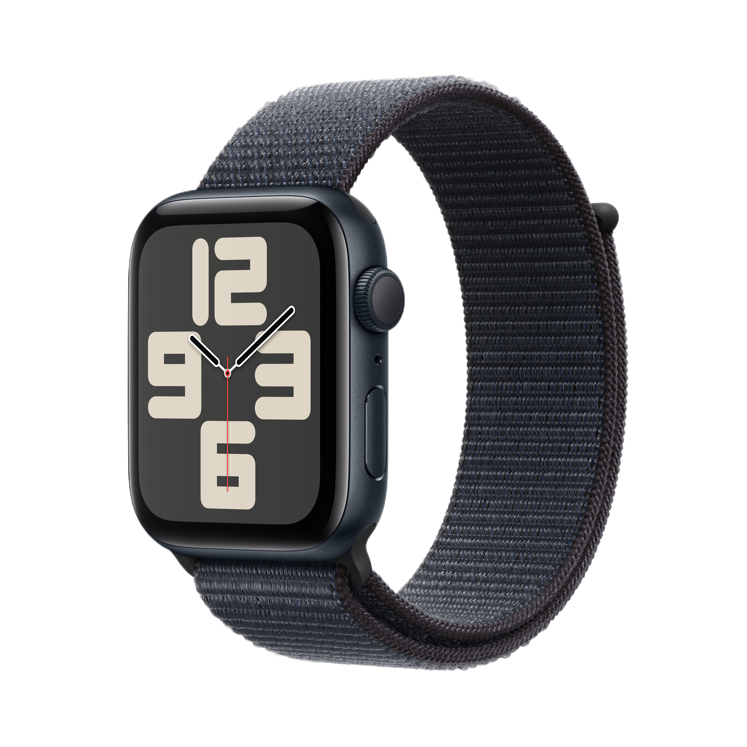 Apple Watch noir avec bracelet en tissu bleu foncé, affichant l'heure 06:21 à l'écran.