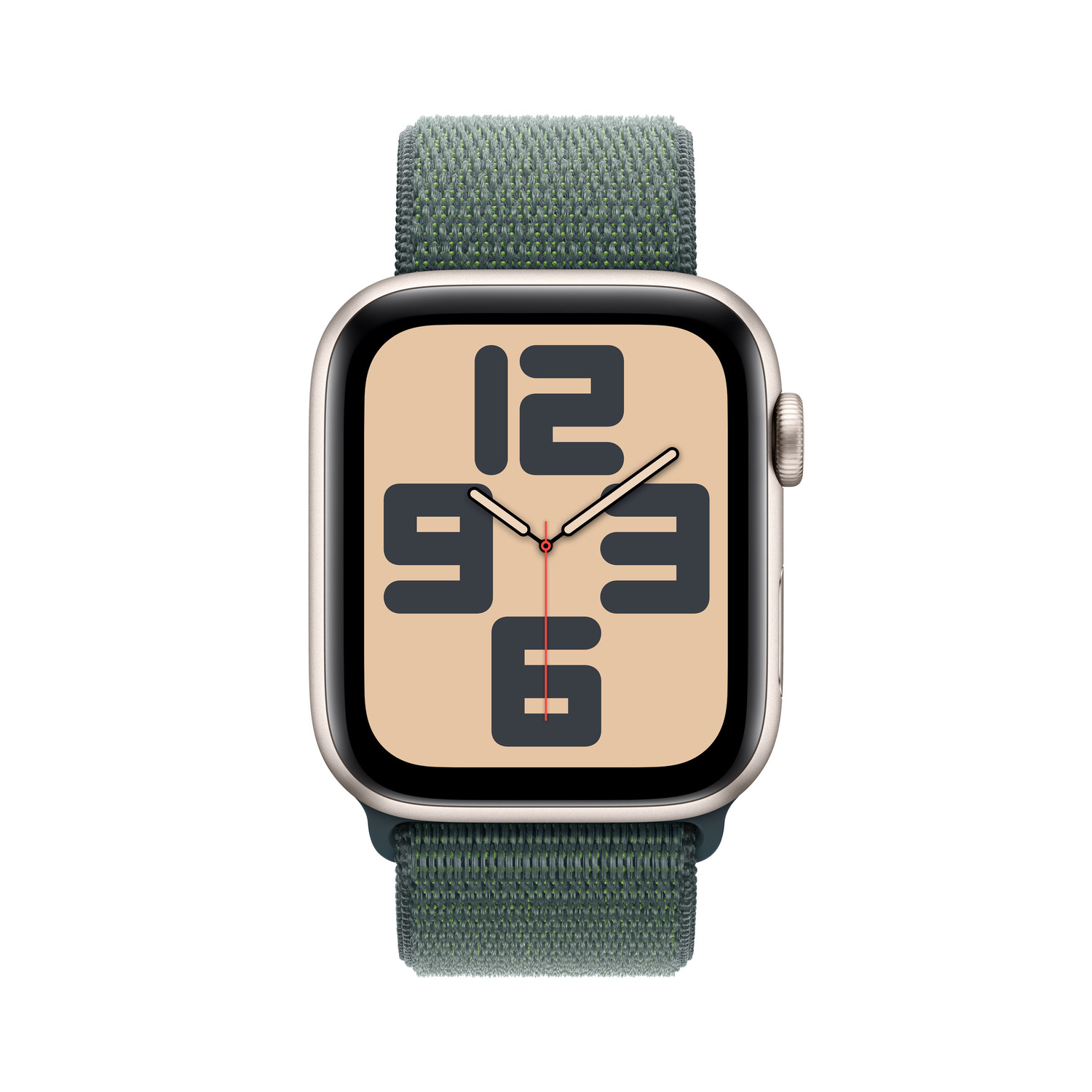 Apple Watch avec un bracelet vert et beige affichant l'heure. Le cadran a de grands chiffres.