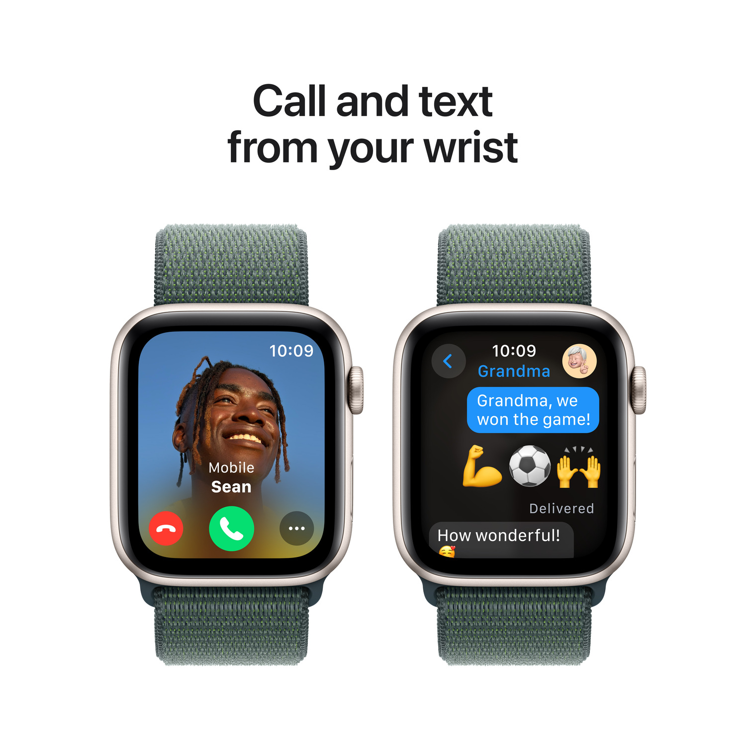 Deux Apple Watch, l'une montrant un appel de Sean, l'autre un SMS de Grand-Mère avec un ballon de foot.