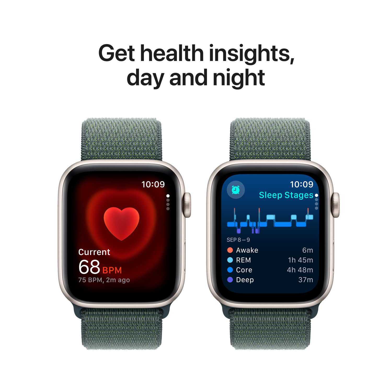 Deux Apple Watchs affichant les phases de sommeil et la fréquence cardiaque. Une montre affiche les données de sommeil.