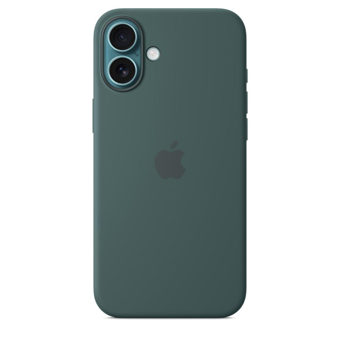 Dunkelgrüne Handyhülle mit Apple-Logo, bedeckt ein dunkelgrünes Telefon. Zwei Kameralinsen sind sichtbar.