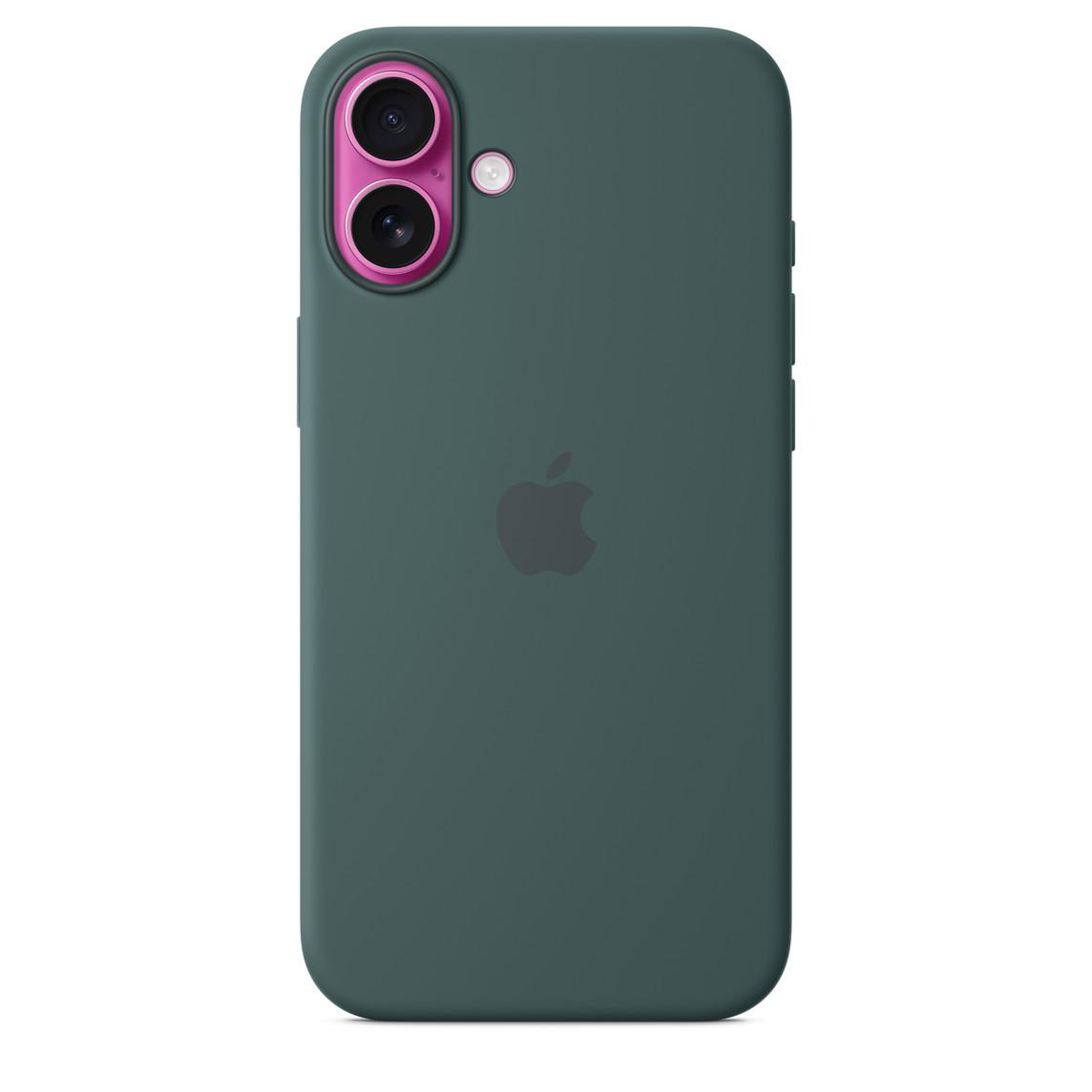 Eine dunkelgrüne Handyhülle mit pinkfarbener Kamerablende und Apple-Logo.