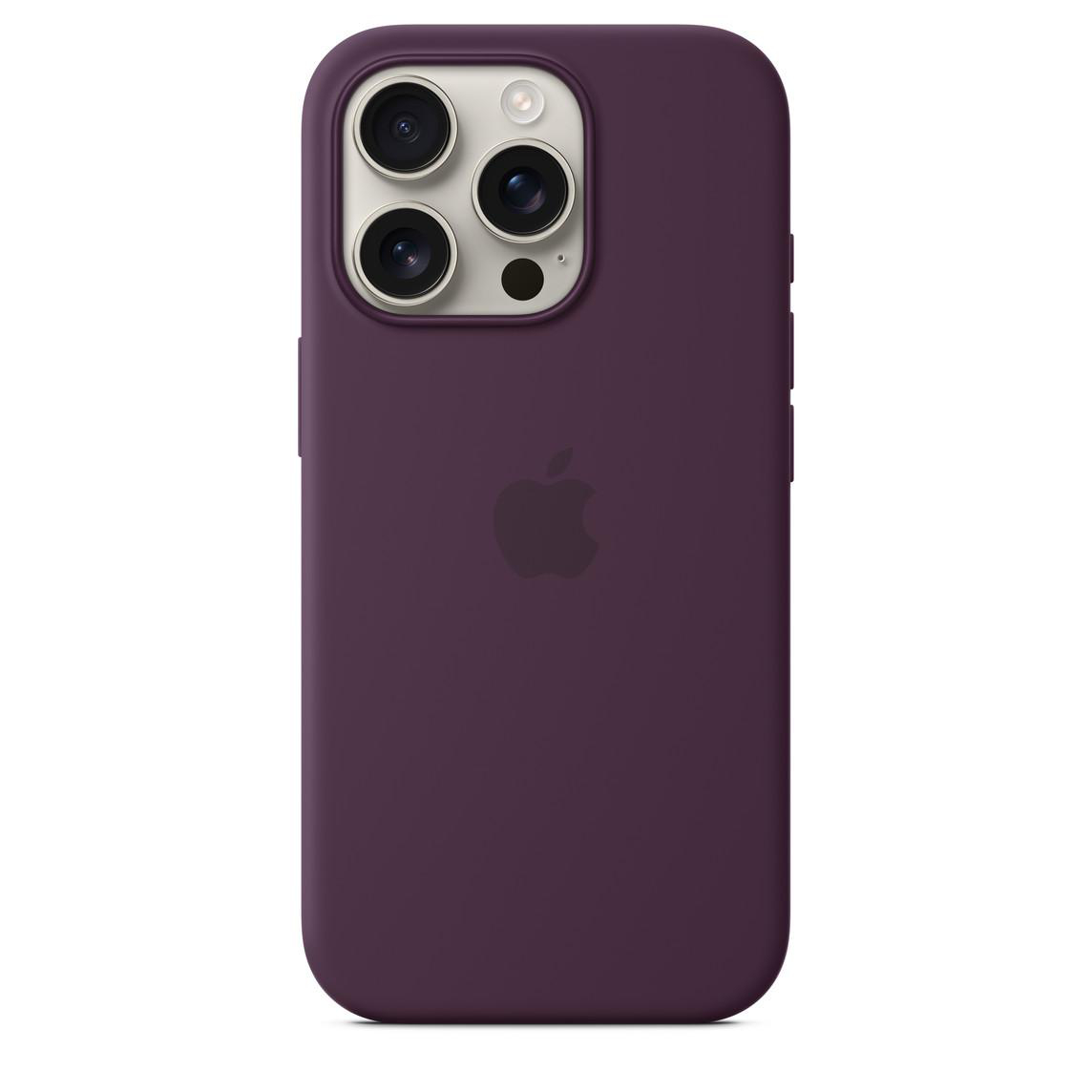 Ein lila iPhone mit drei Kameras und dem Apple-Logo auf der Rückseite.
