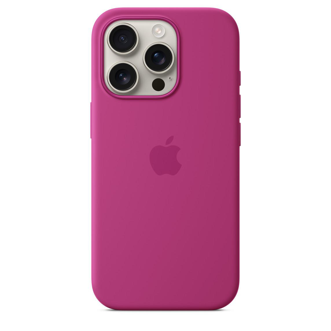 Rosa iPhone-Hülle mit drei Kameras. Apple-Logo auf der Rückseite des Telefons sichtbar.