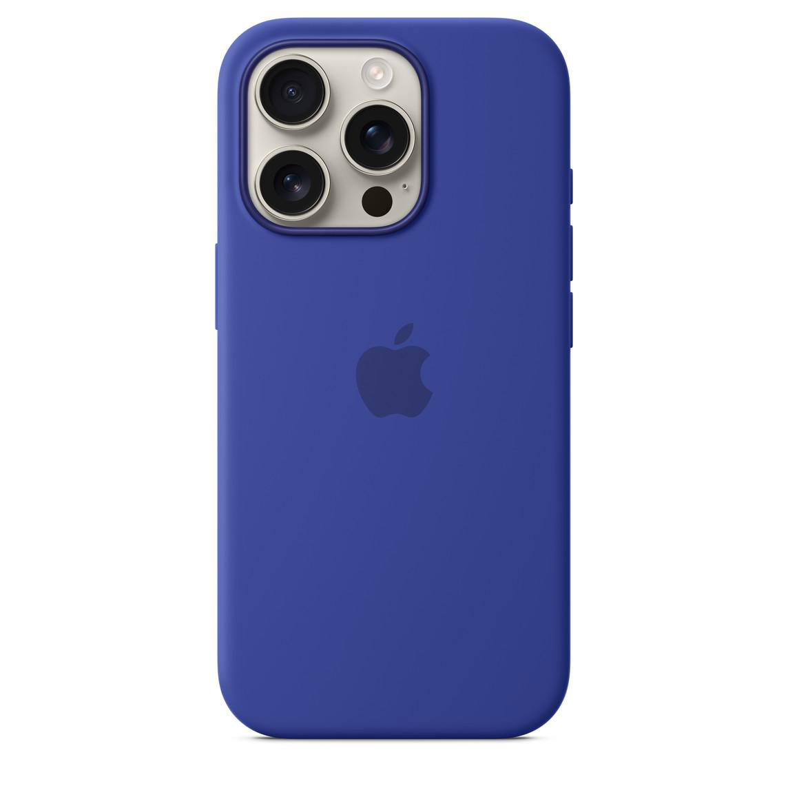 Blaues iPhone mit drei Kameralinsen und einem Apple-Logo auf der Rückseite.