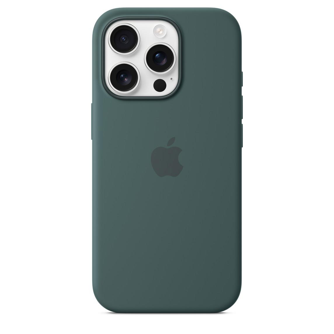 Dunkelgrüne Handyhülle mit drei Kameralinsen und dem Apple-Logo.