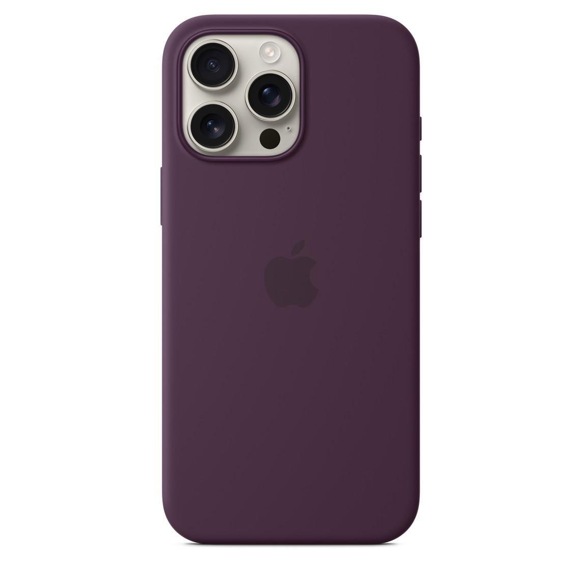 Lila iPhone-Hülle mit drei Kameralinsen und einem Blitz, mit Apple-Logo.