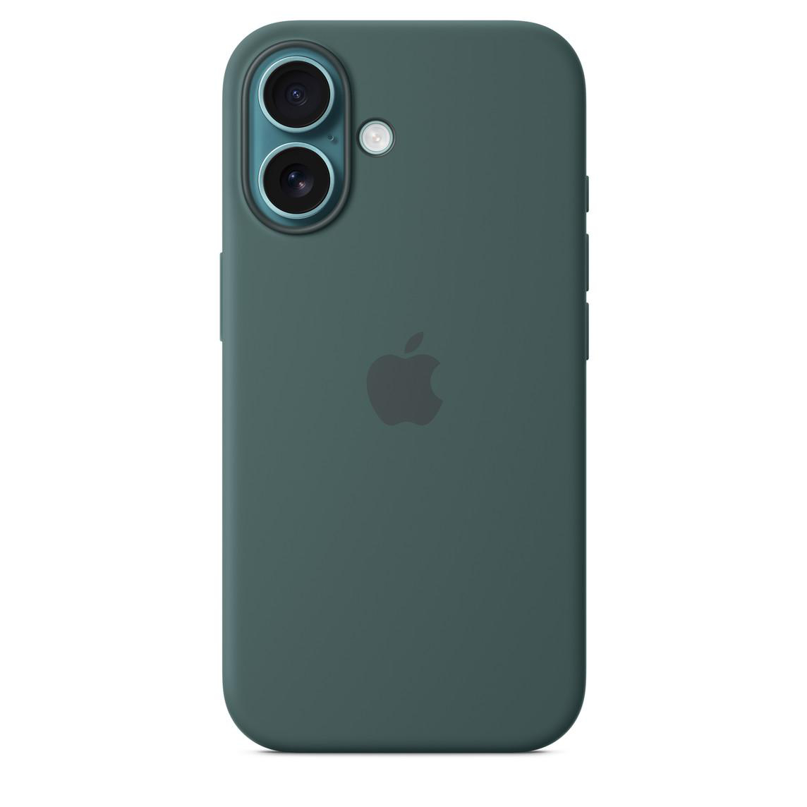 Eine dunkelgrüne iPhone-Hülle mit Dual-Kamera-Setup und dem Apple-Logo mittig auf der Rückseite.