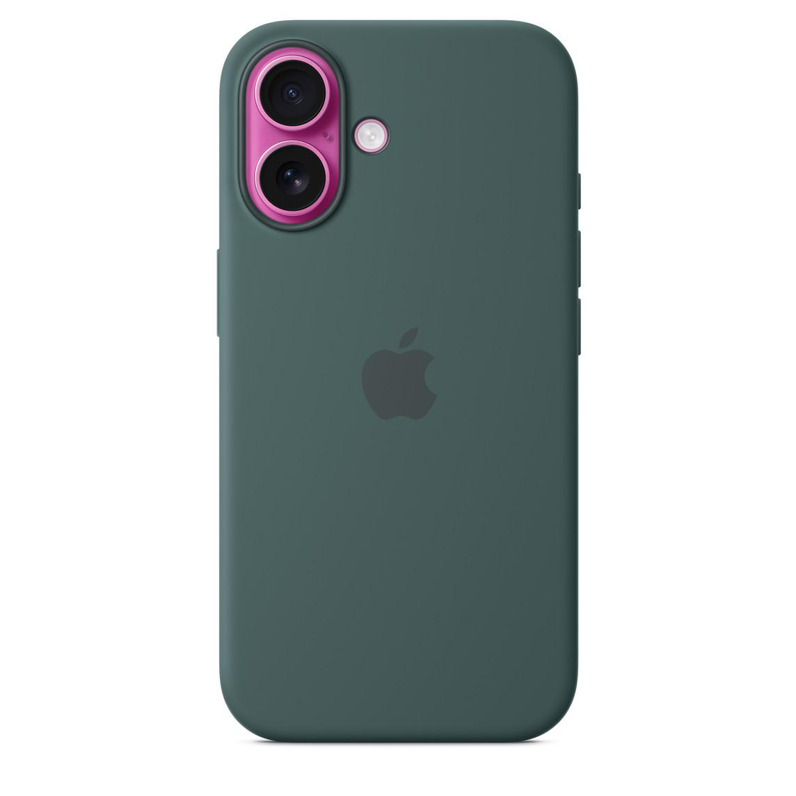 Grüne Handyhülle mit rosa Kameraringen. Apple-Logo in der Mitte, dunkelgrüne Farbe. Weißer Hintergrund.