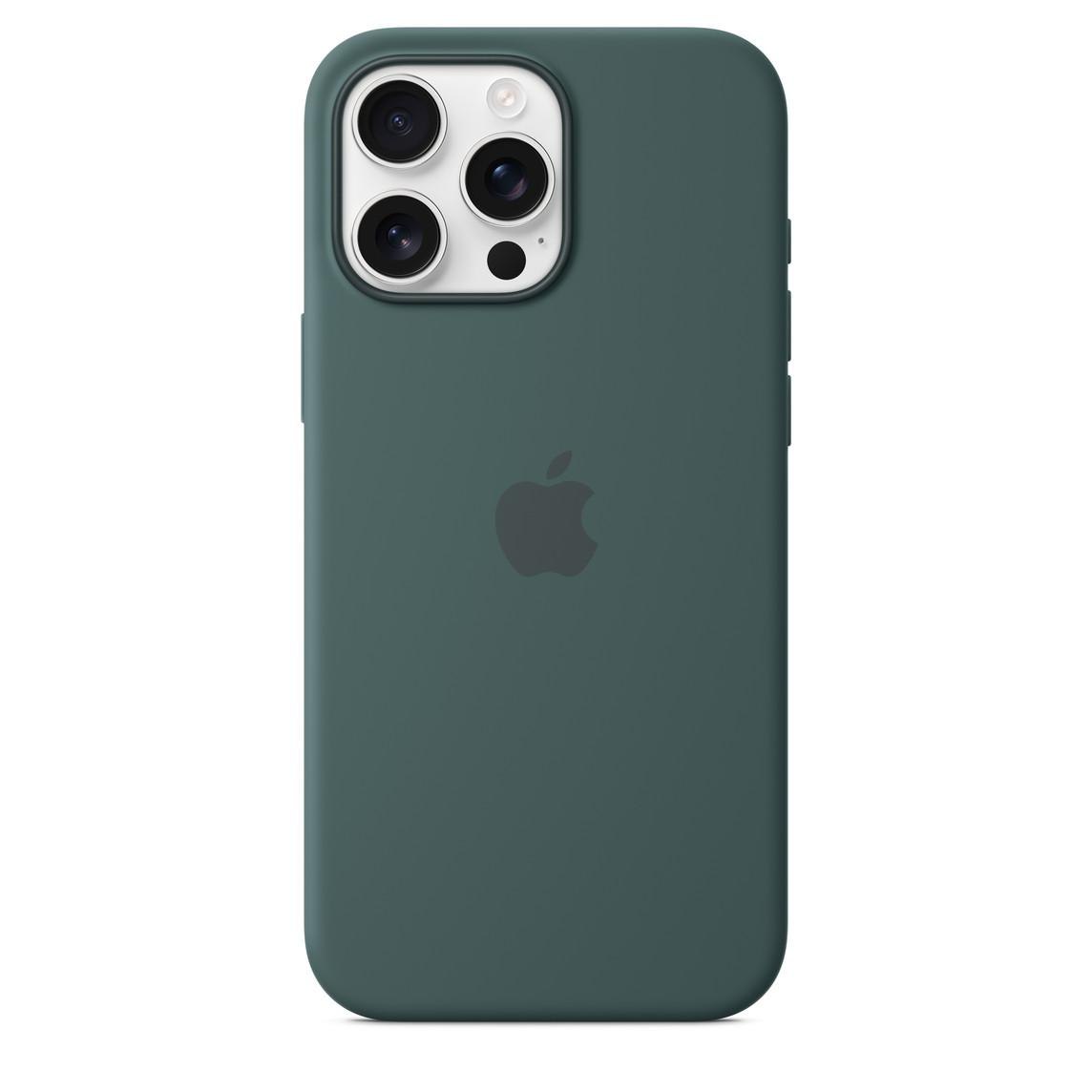 Grüne iPhone-Hülle mit Dreifachkamera und Apple-Logo, vor weißem Hintergrund.