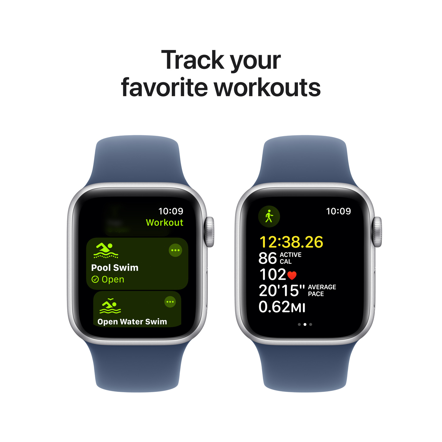 Two smartwatches displaying workout data, on blue straps.