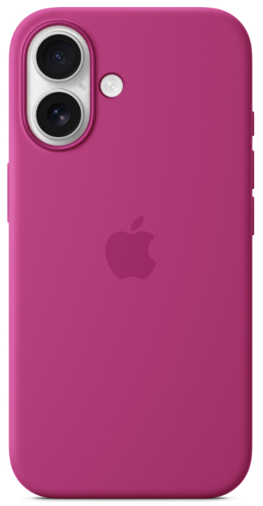 Różowe etui na iPhone'a, widok z tyłu, z wycięciami na aparat i logo Apple, na białym tle.