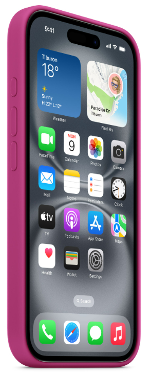 iPhone w różowym etui wyświetla ekran główny z ikonami aplikacji i informacjami o pogodzie.