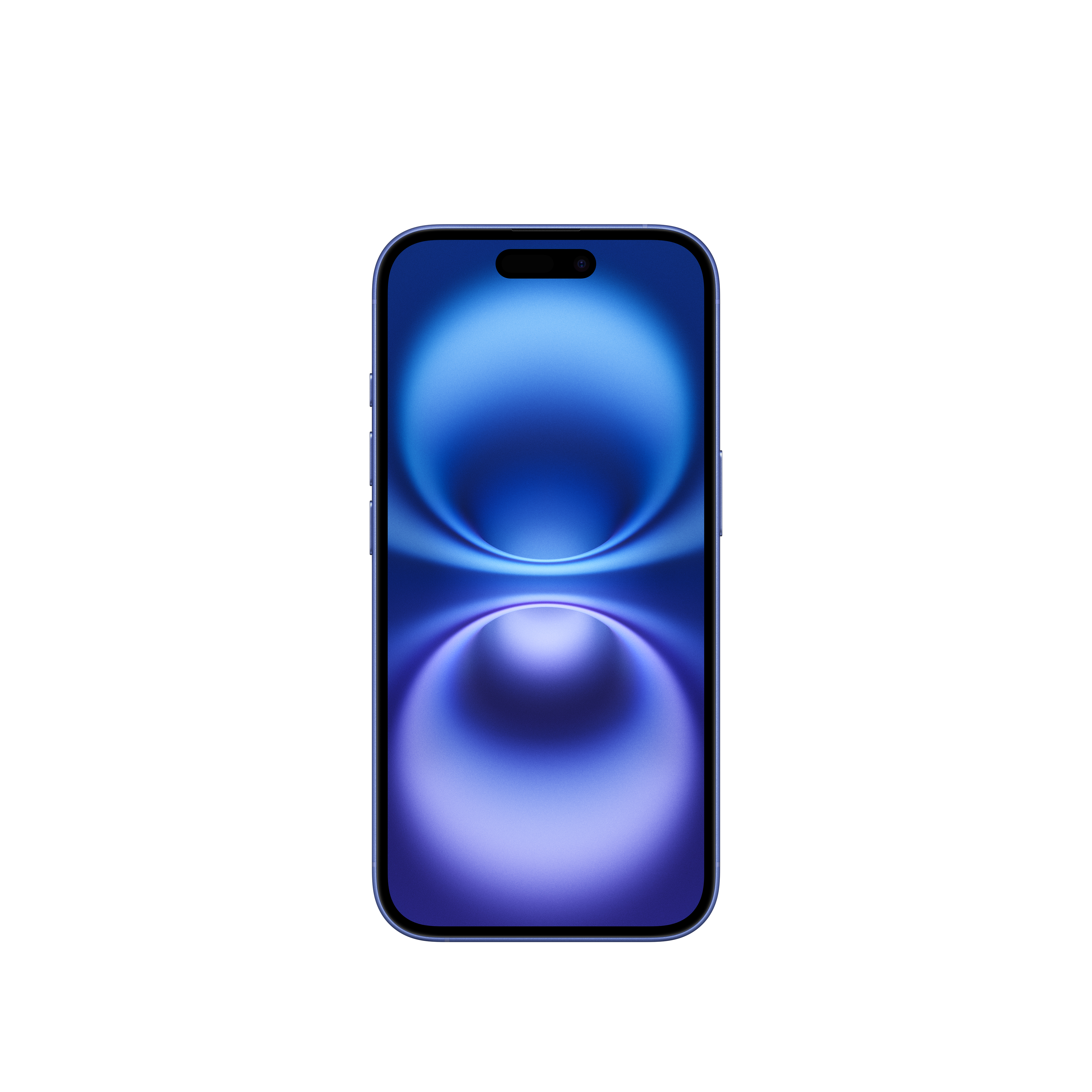 Kék telefon elölről, bekapcsolt képernyővel, kék-lila átmenetes háttérrel, fehér háttérrel.