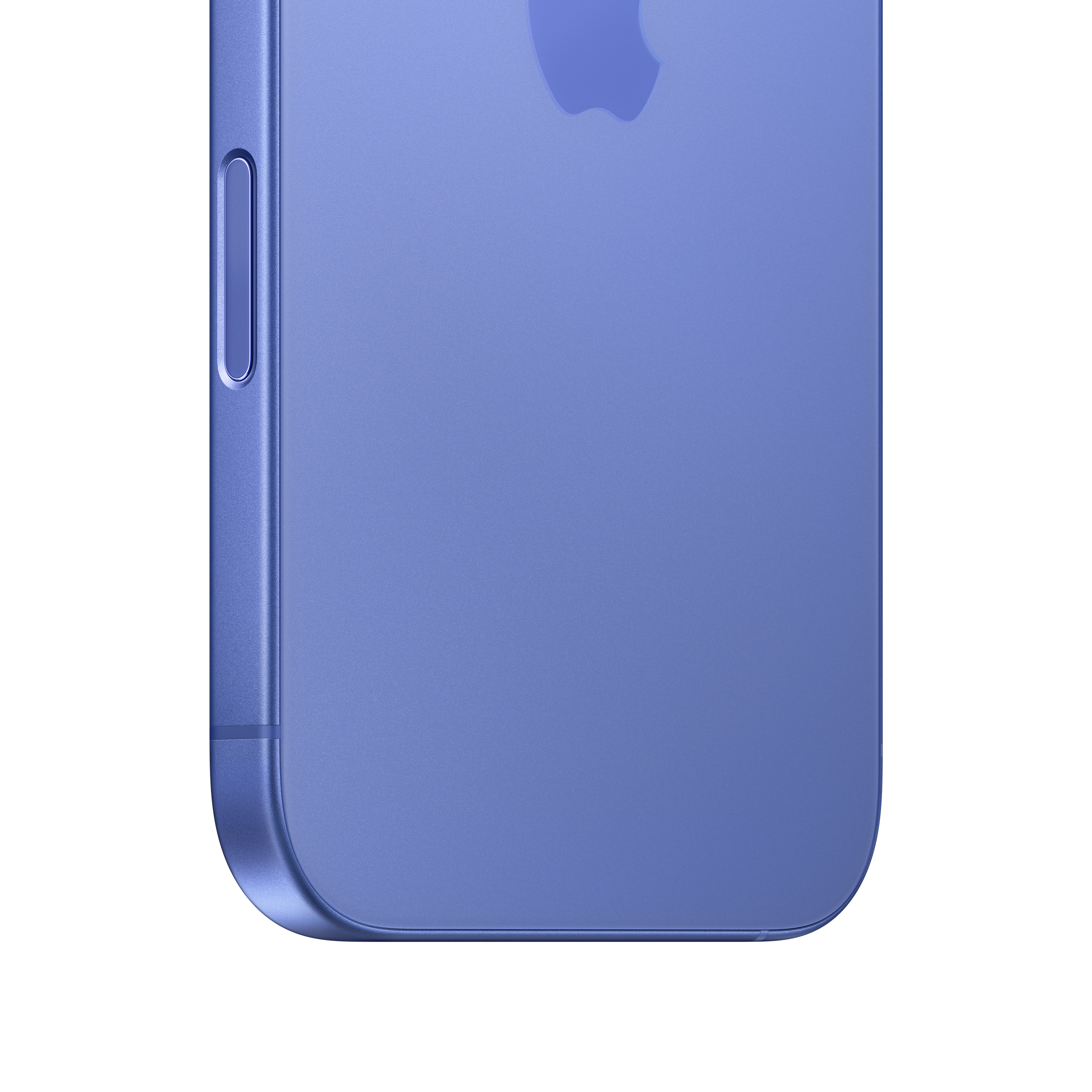 Kék iPhone aljának közeli képe. Látható a lekerekített él és az oldalsó gomb.