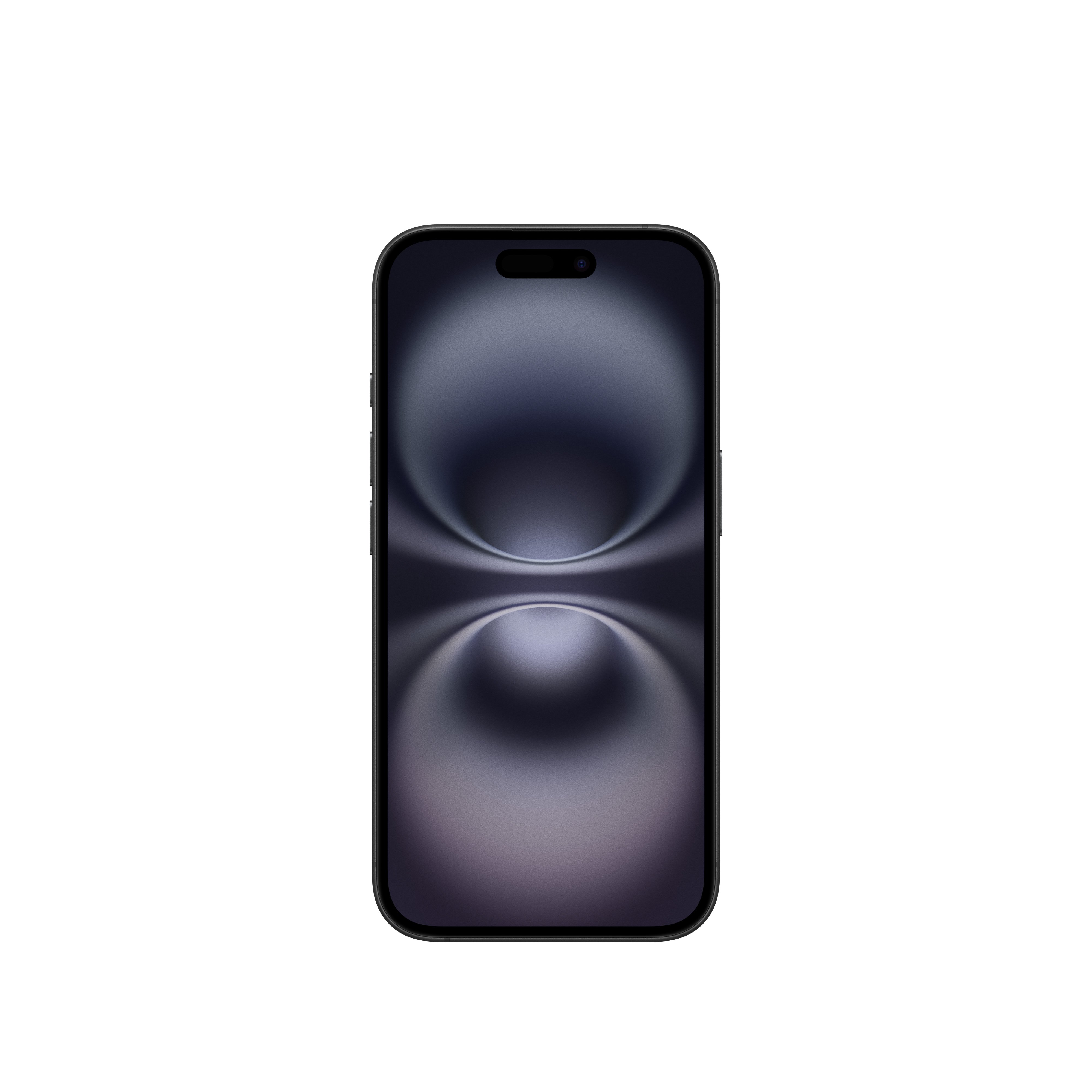 Egy iPhone dinamikus kijelzővel, sötét, hullámos absztrakt háttérrel.