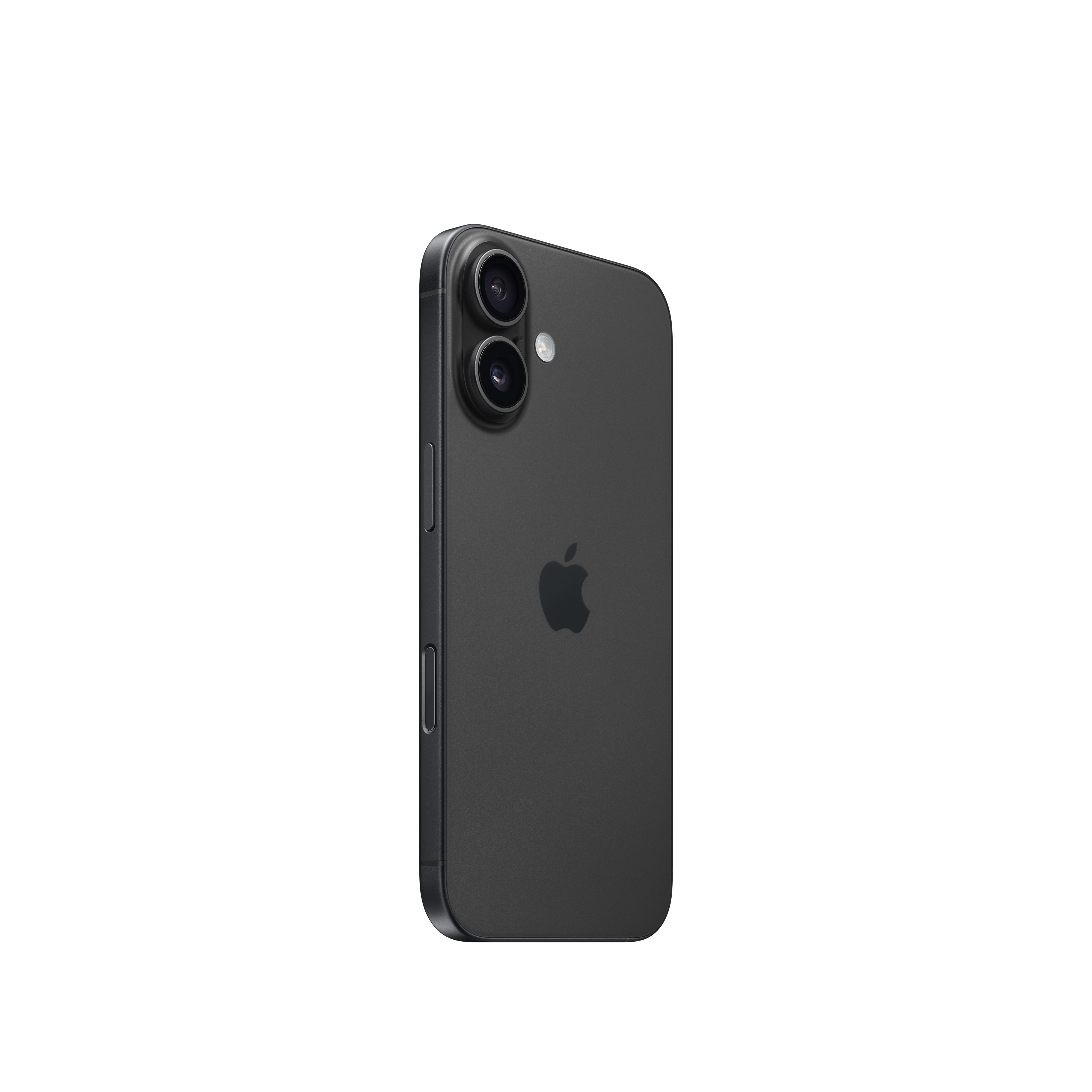 Fekete iPhone, hátulról, két kamerával és Apple logóval fehér háttéren.