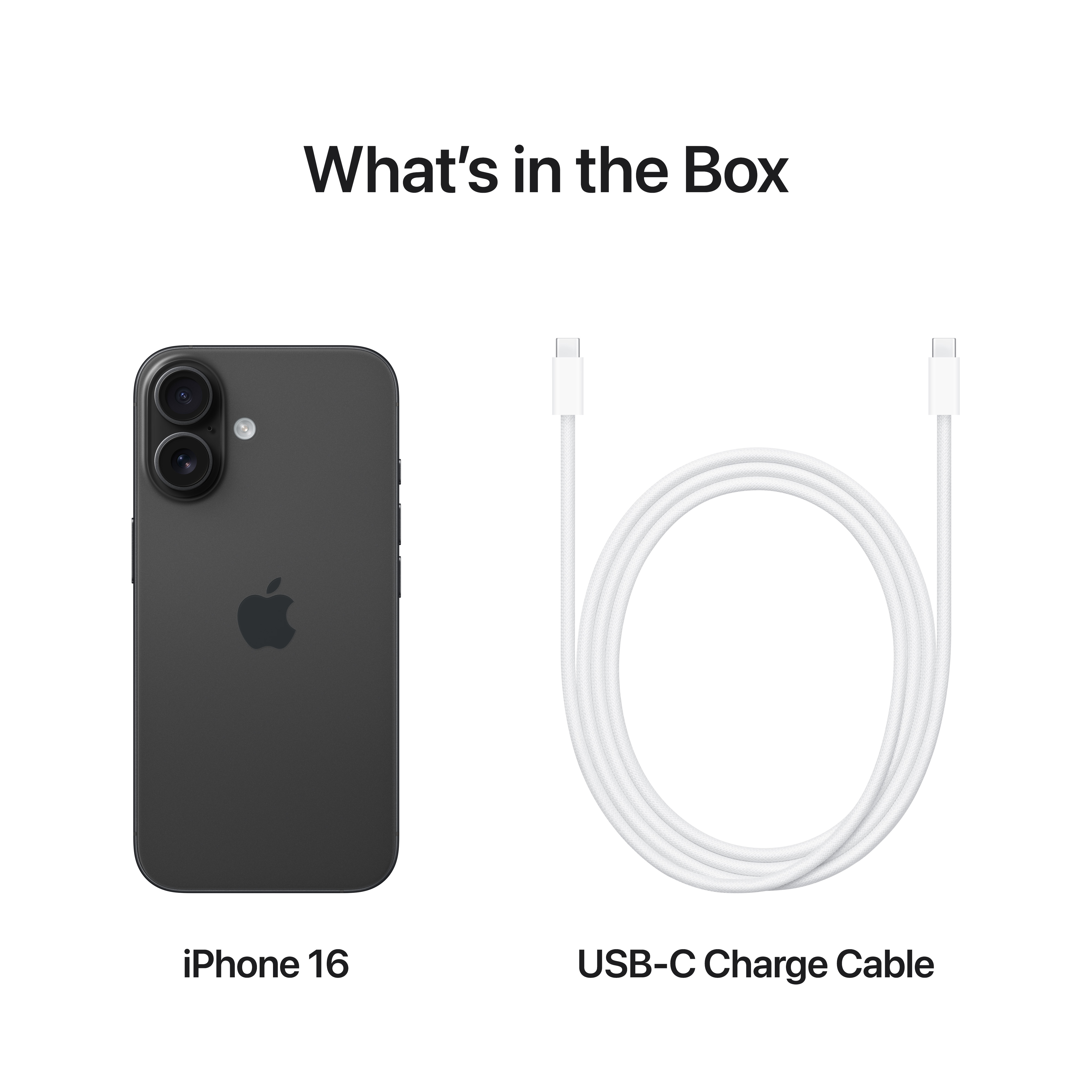 A doboz tartalma: Fekete iPhone és USB-C töltőkábel.