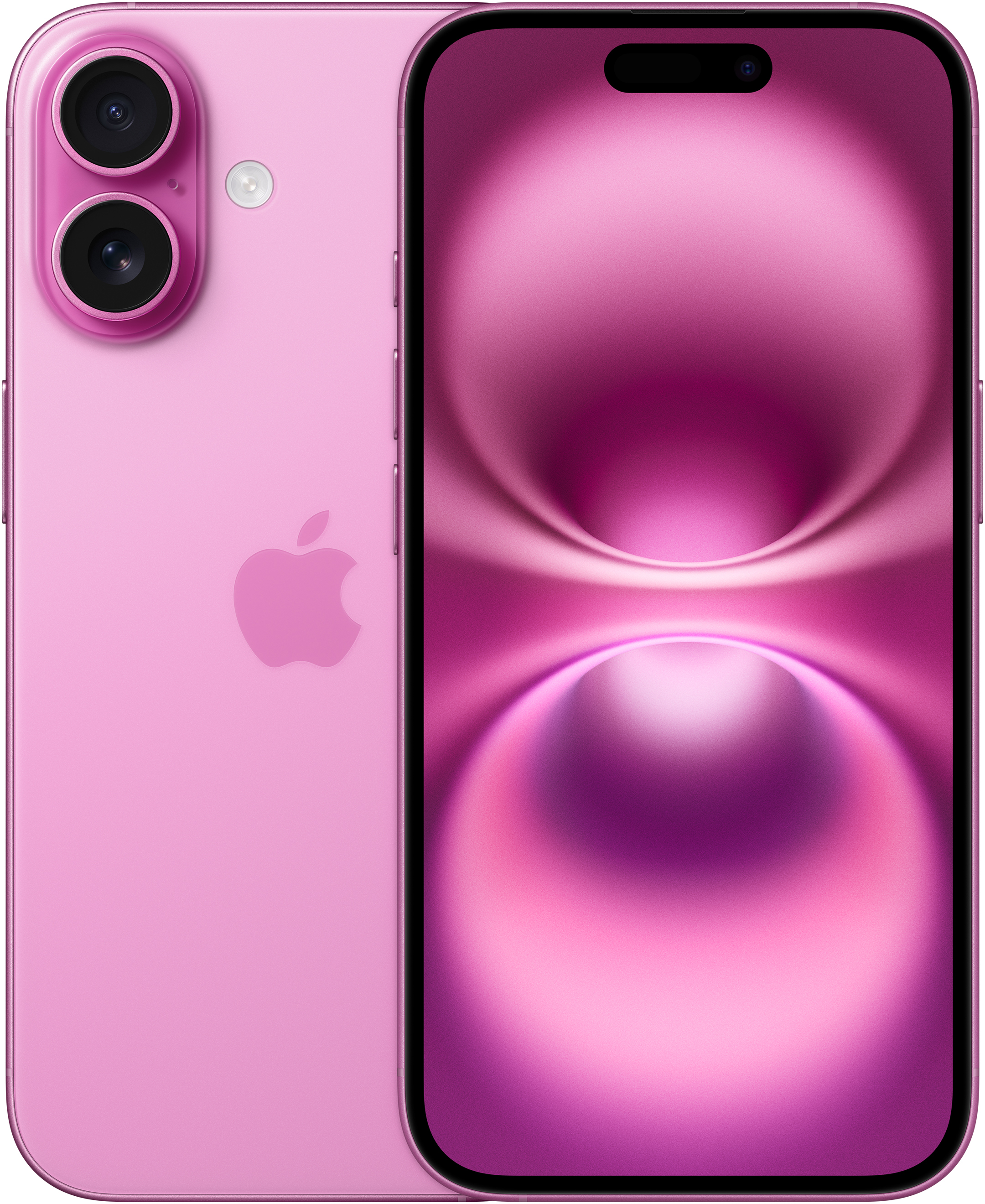 Rózsaszín iPhone dupla kamerával. A képernyő rózsaszín, örvénylő dizájn.
