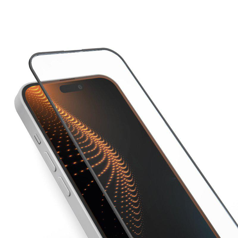 Telefon mit Displayschutz. Der Bildschirm zeigt ein leuchtendes Muster. Das Telefon ist weiß und hat einen schwarzen Rahmen.