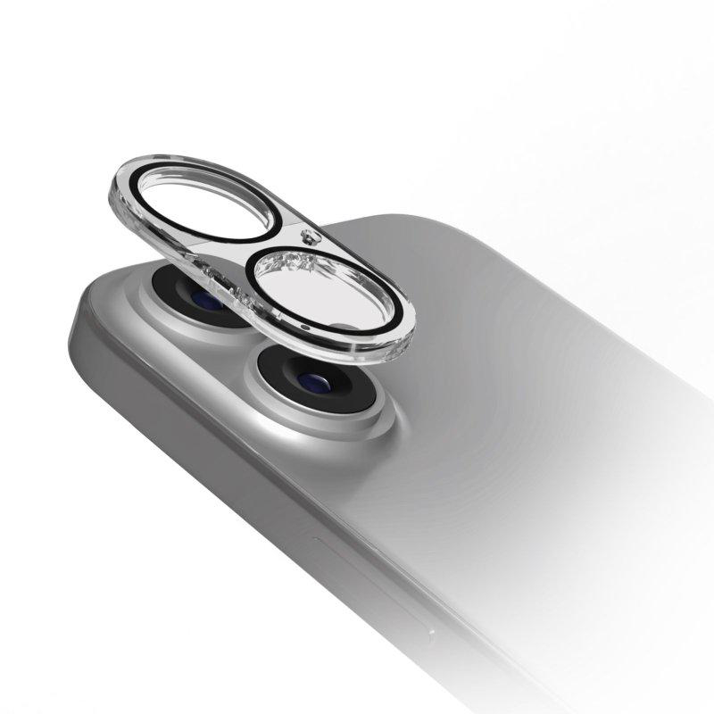 iPhone-Kameraobjektivschutz auf silbernem Telefon, klar mit schwarzen Rändern.