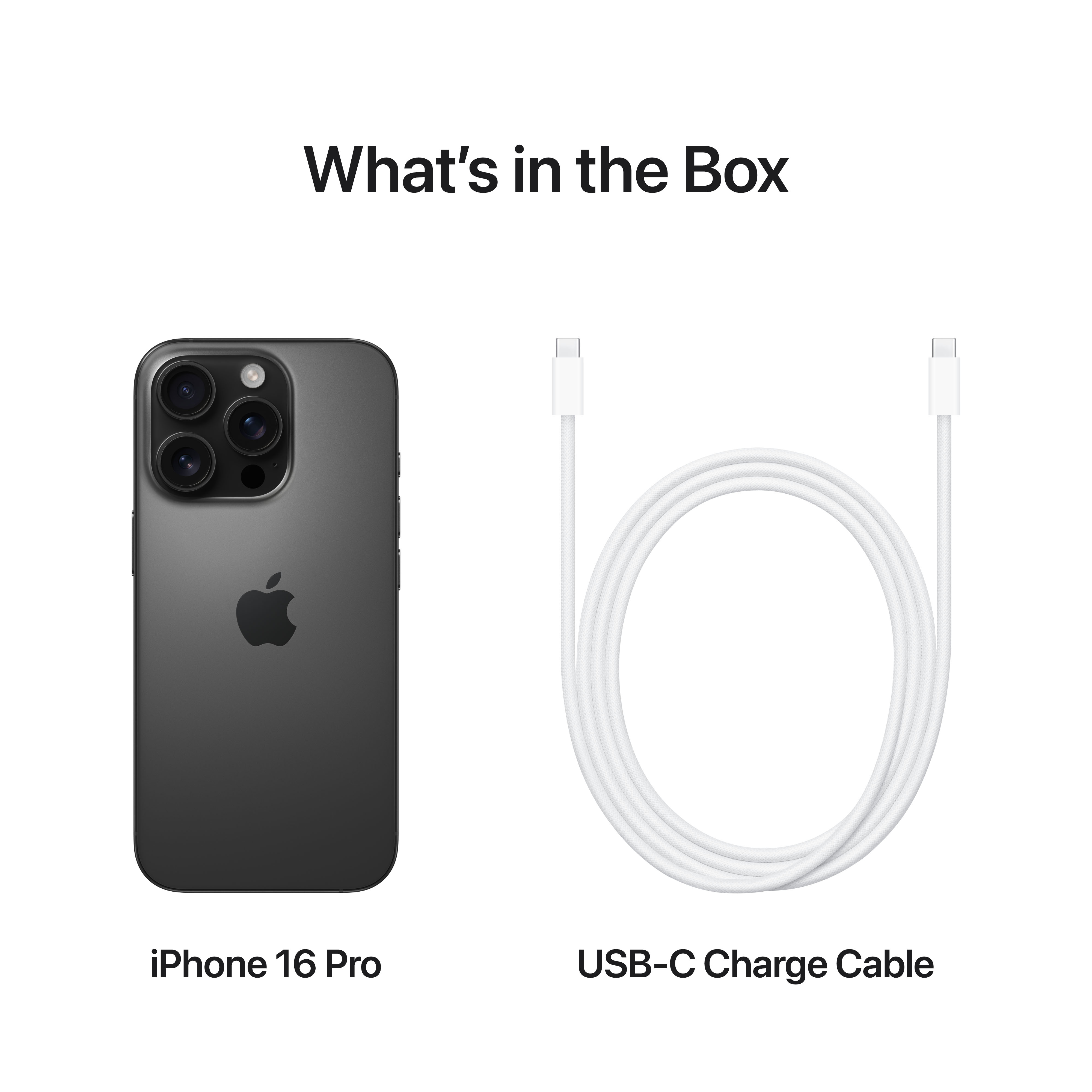 Die Box enthält das iPhone 16 Pro und ein USB-C-Ladekabel. Das Telefon ist schwarz und hat drei Kameras.