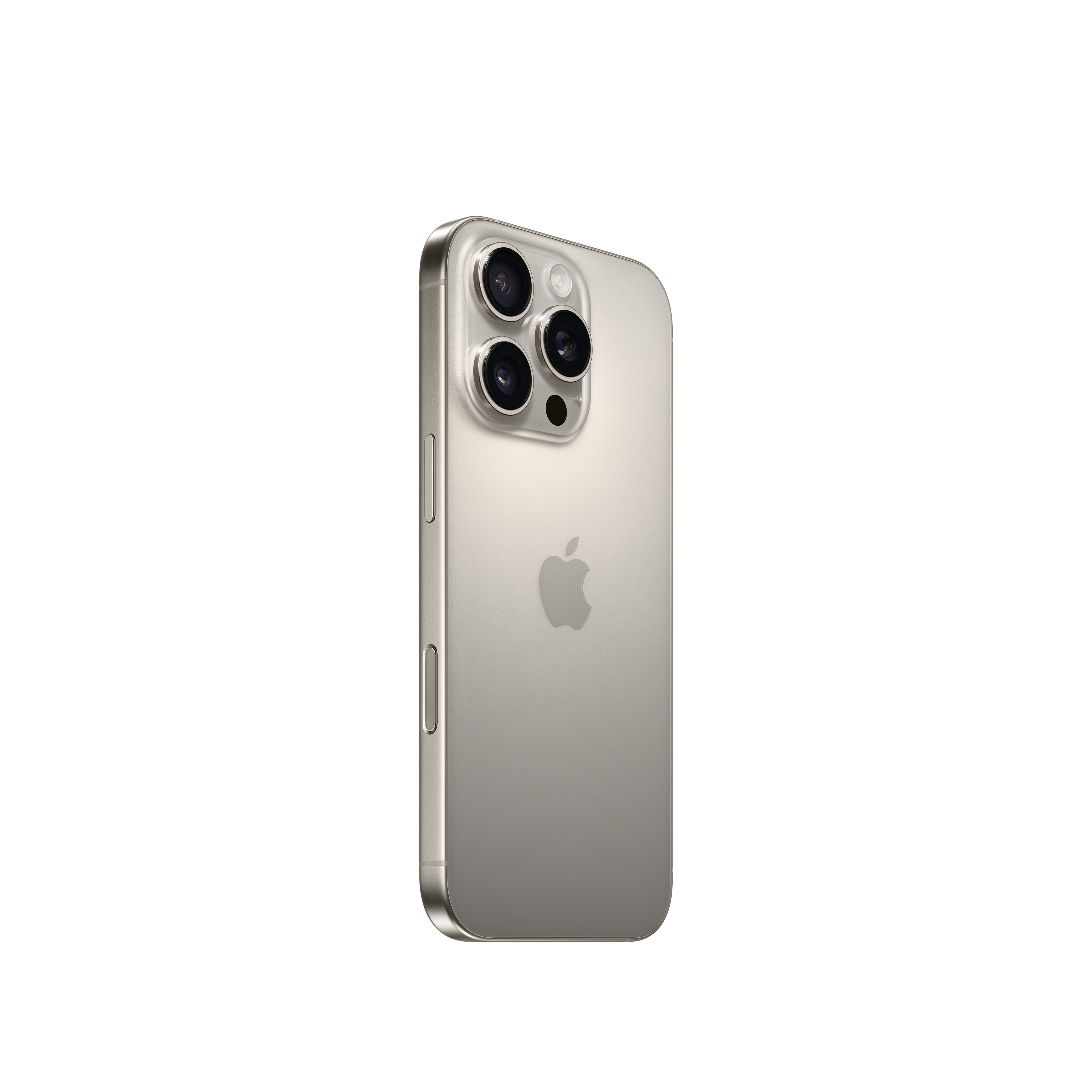Smartphone argenté, vue en angle, montrant les caméras arrière, le logo Apple et les boutons latéraux sur fond blanc.