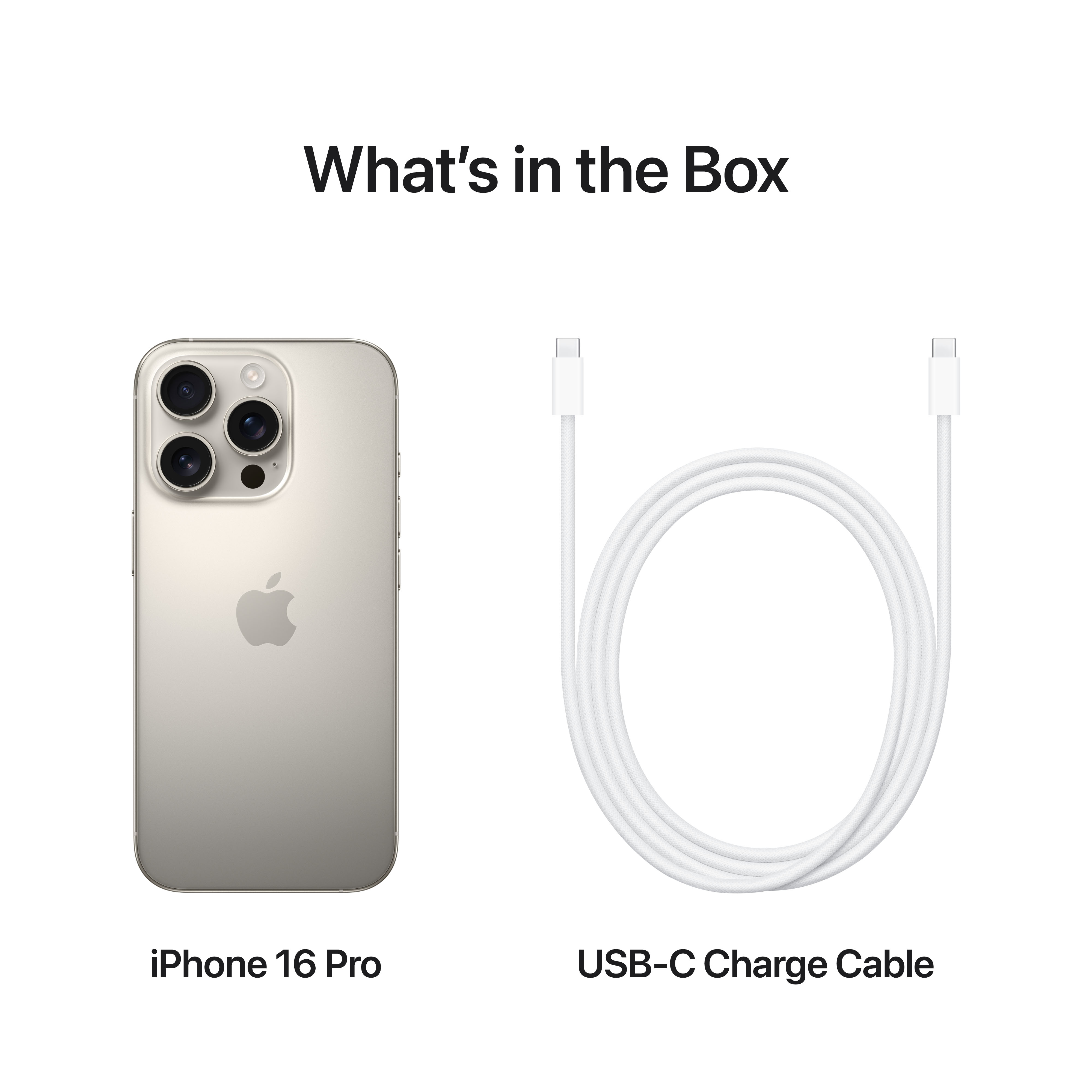 Image montre iPhone 16 Pro doré et câble de charge USB-C blanc, avec 'What's in the Box'.