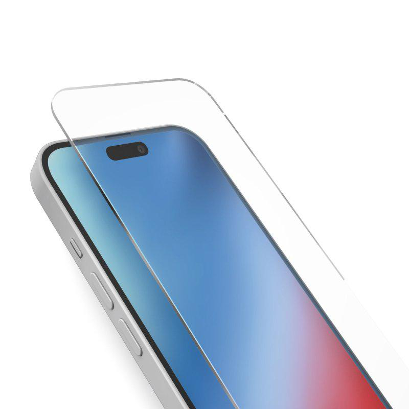 iPhone mit angebrachter Displayschutzfolie. Blauer Bildschirm, klarer Schutz. Weißer Hintergrund.