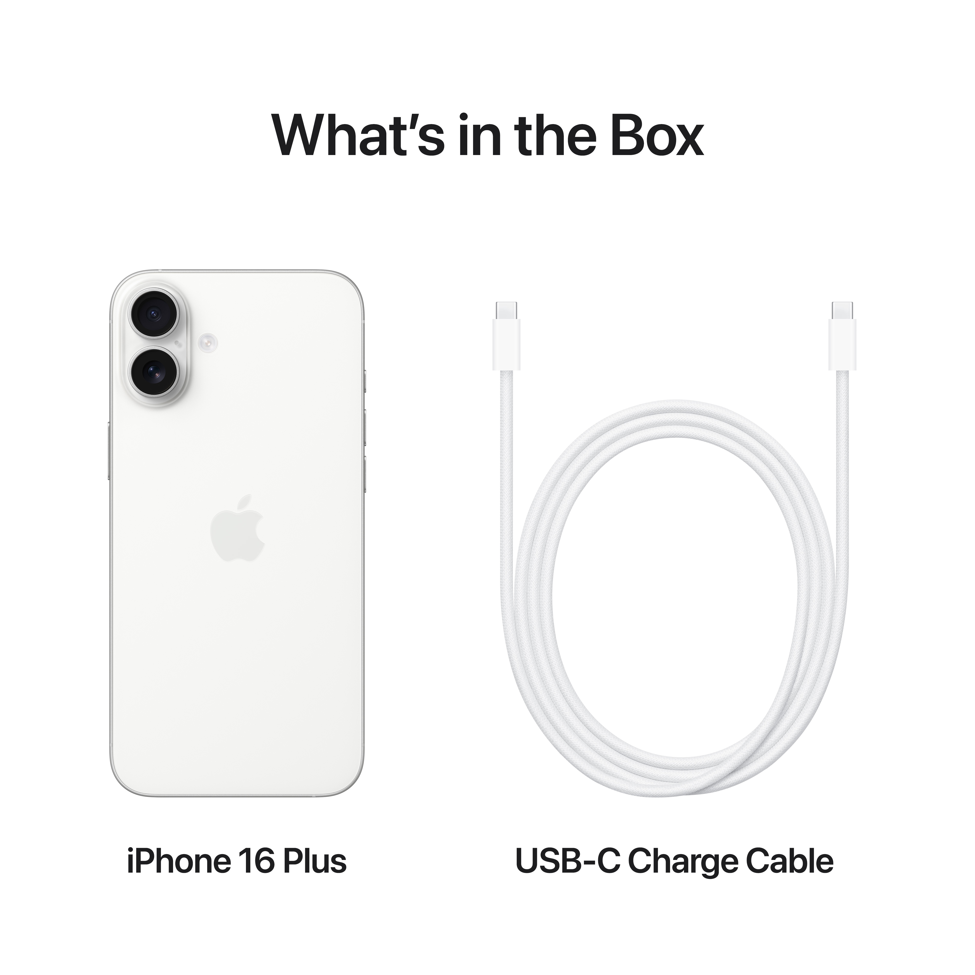 iPhone 16 Plus és USB-C töltőkábel, fehér háttérrel, termékcsomagolás.