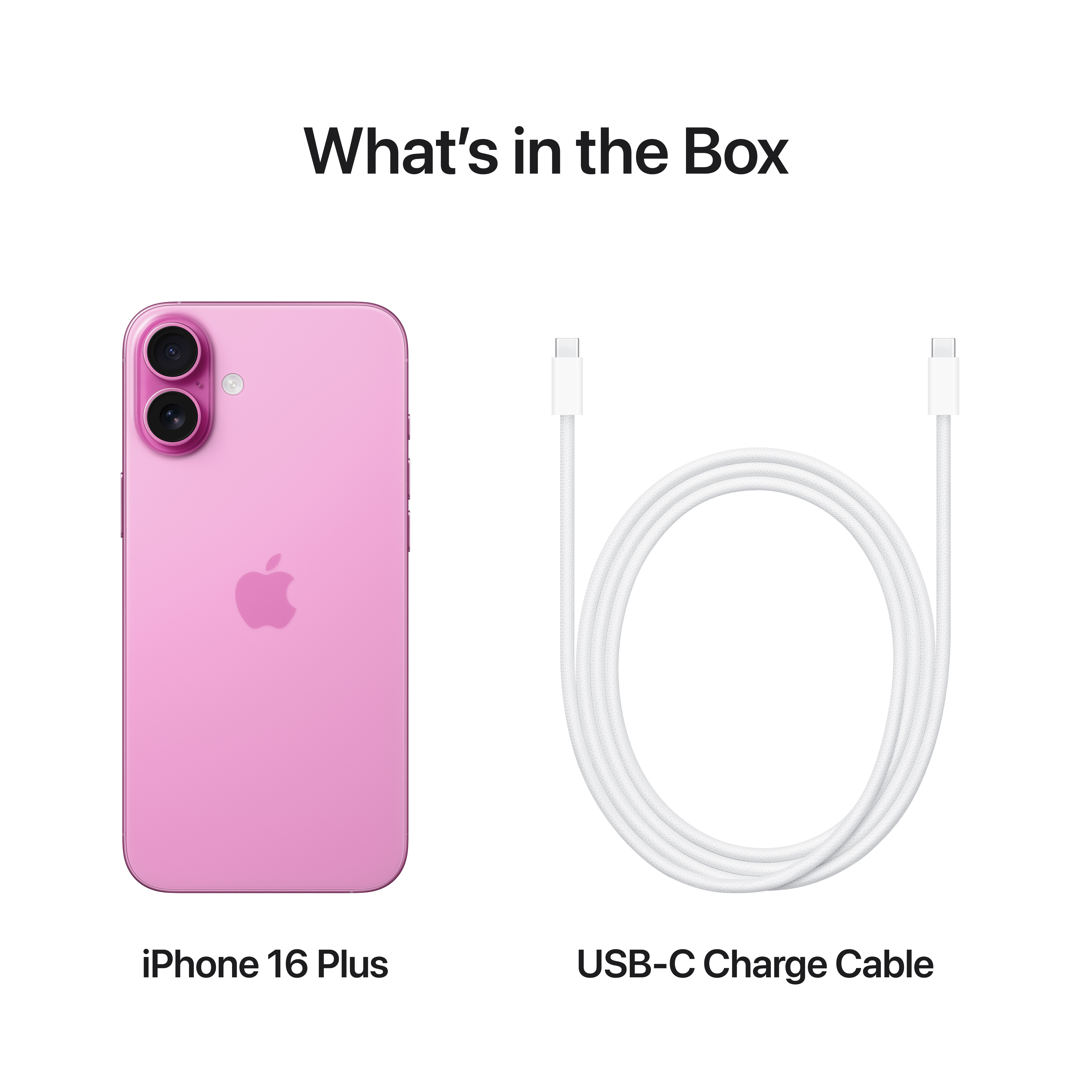 Egy rózsaszín iPhone 16 Plus és egy fehér USB-C töltőkábel, fehér háttéren, 'Mi van a dobozban' szöveggel.