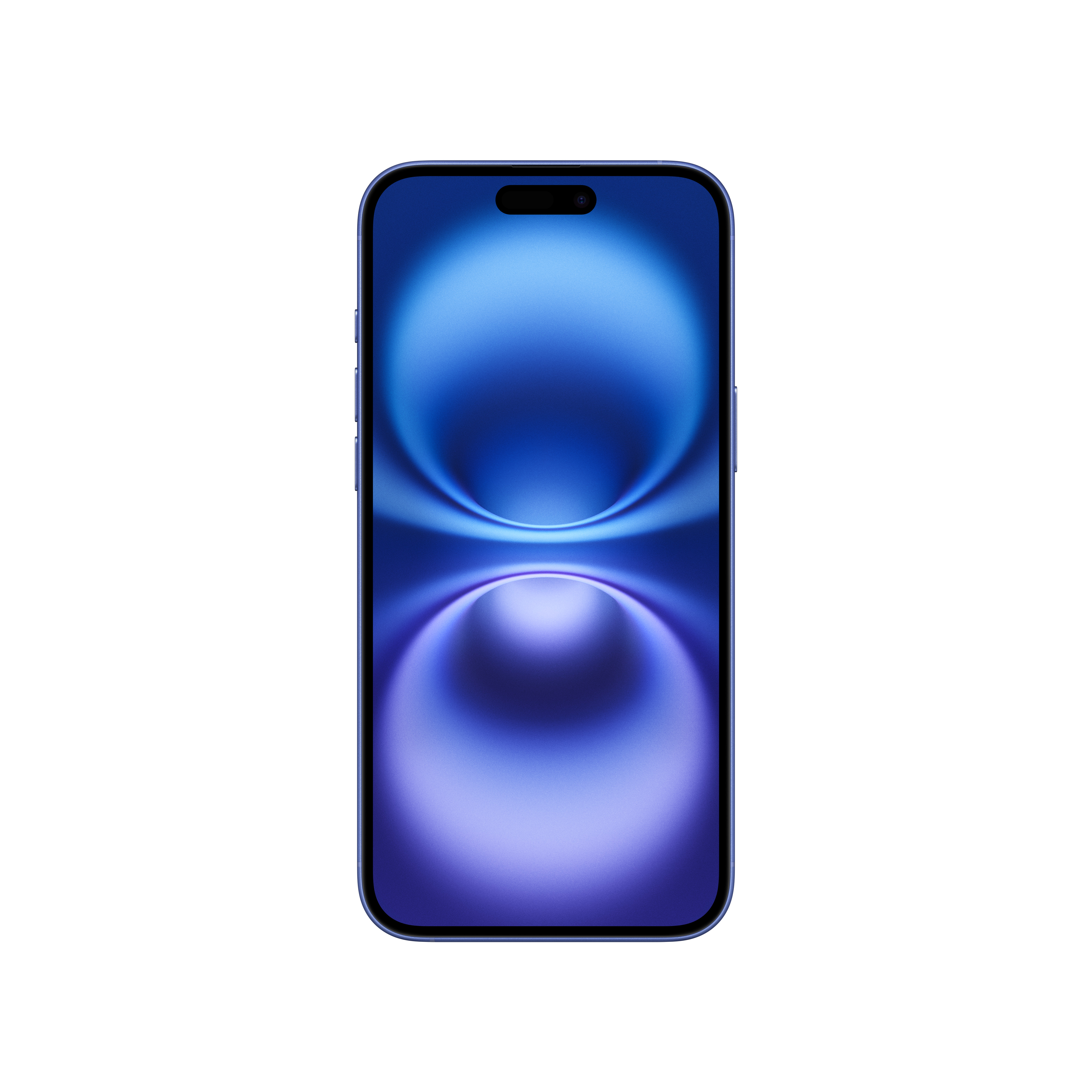 Kék iPhone, képernyőjén kék gradiens háttérkép látható. A telefon fehér háttéren van.