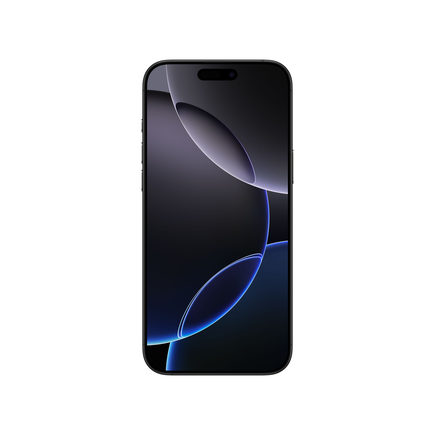 Zwarte iPhone op een witte achtergrond. Het scherm toont een donkere achtergrond met lichtblauwe en paarse lijnen.