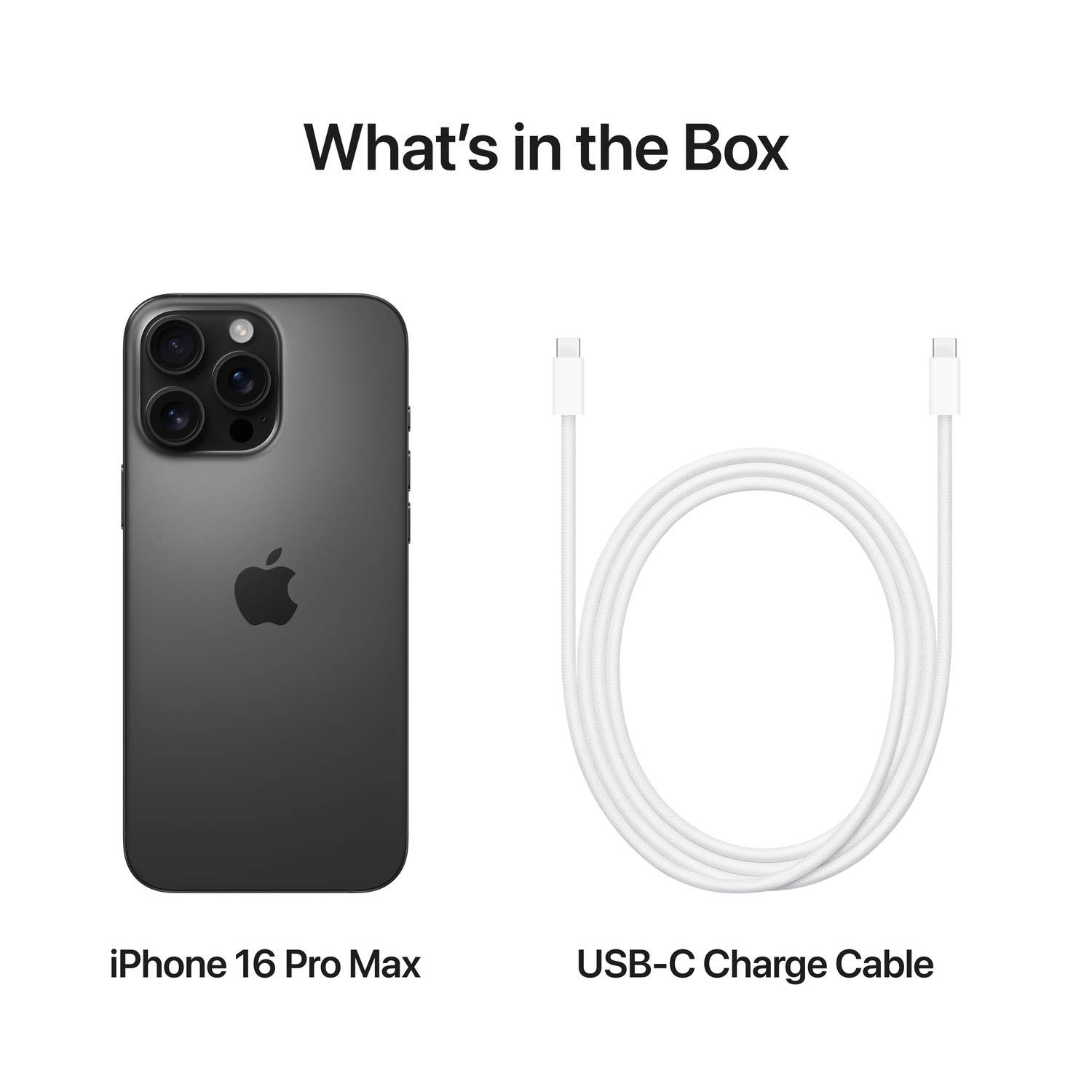 iPhone 16 Pro Max en witte USB-C-kabel op witte achtergrond, gelabeld als 'What's in the Box'.
