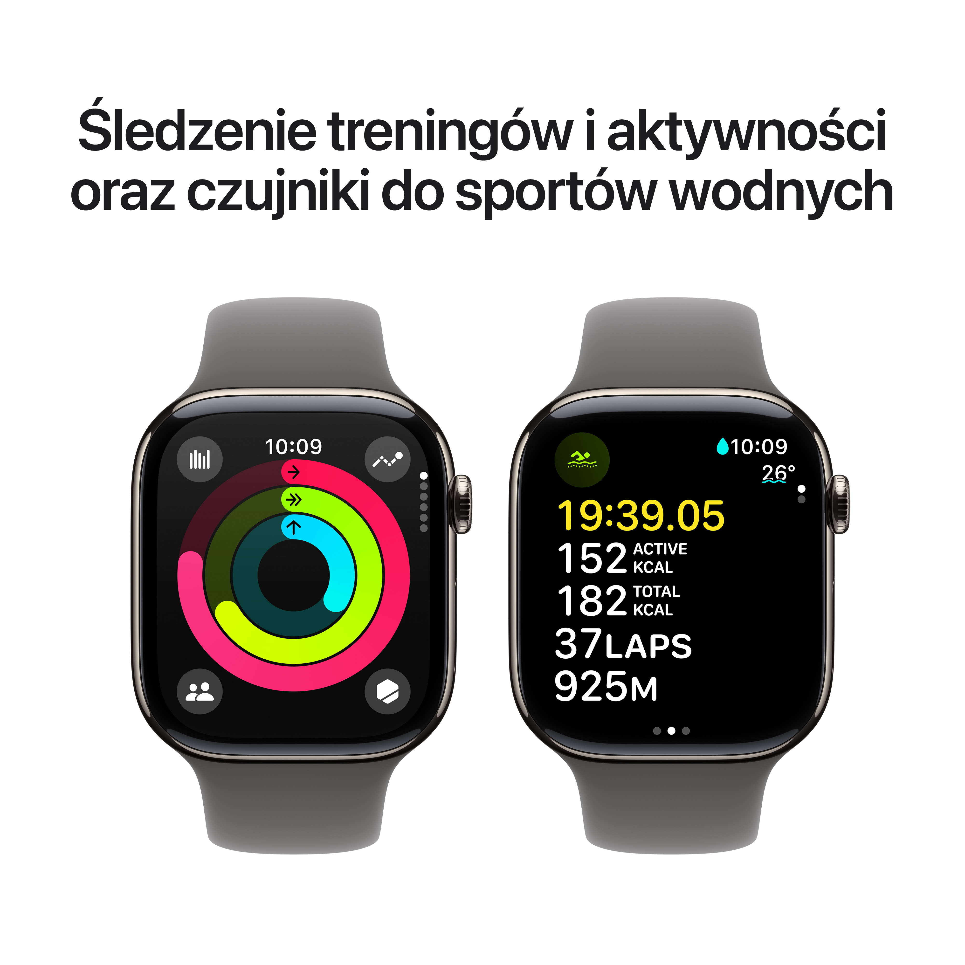 Dwa zegarki Apple Watch pokazują dane treningowe. Jeden wyświetla pierścienie aktywności, drugi czas i kalorie.