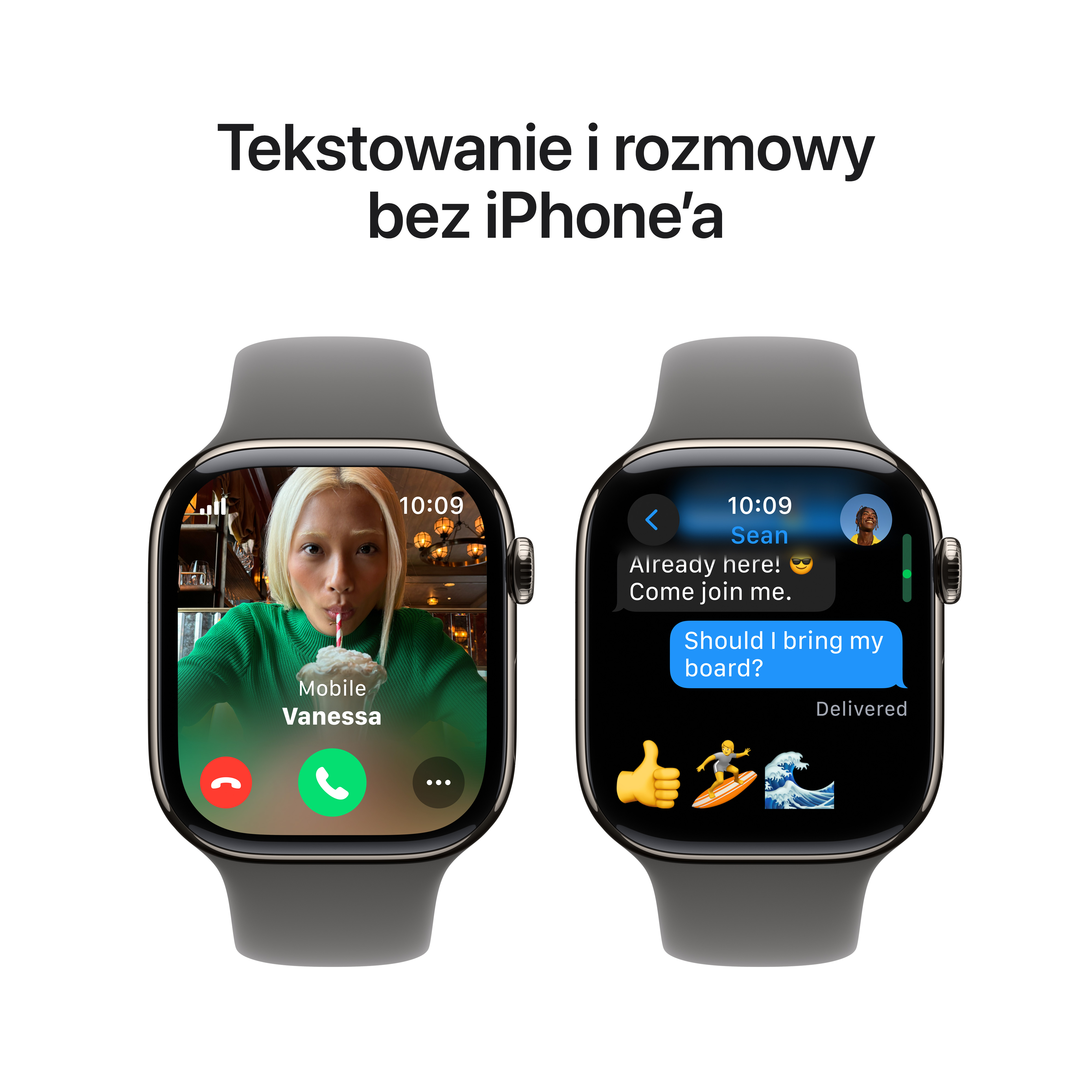Dwa zegarki Apple wyświetlają rozmowę wideo i wiadomości tekstowe.