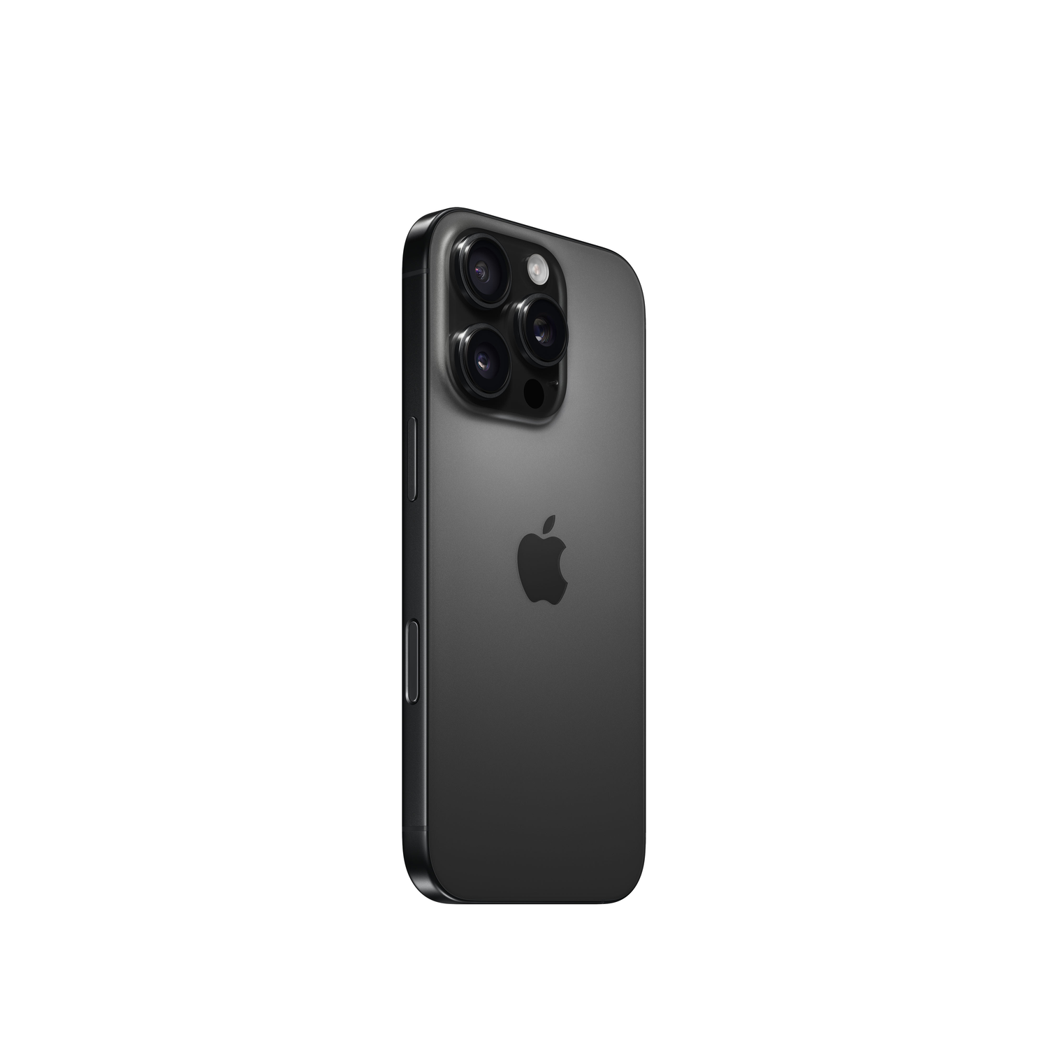 A dark gray iPhone 14 Pro with a triple-lens camera, from the back, on white background.