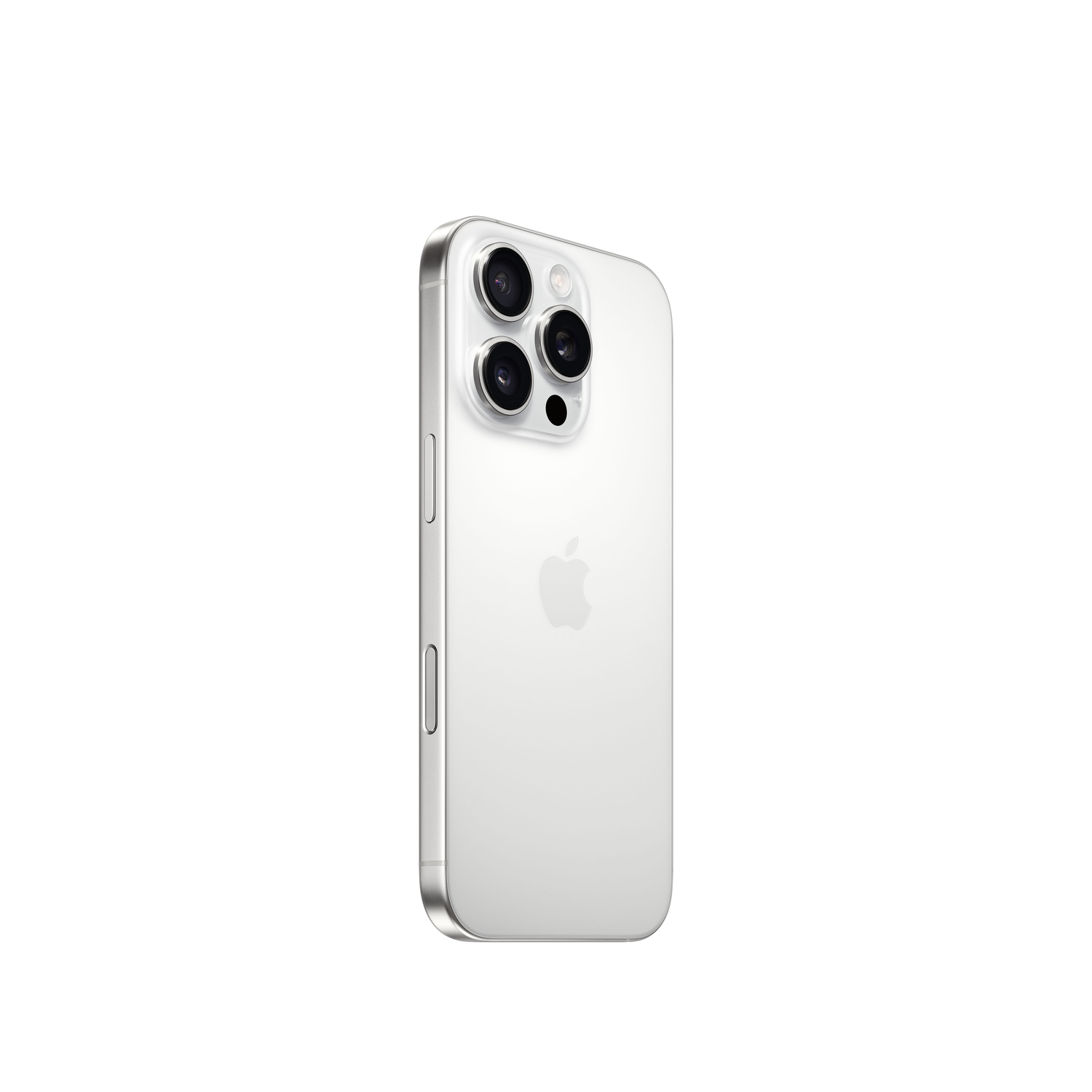 Achteraanzicht van een witte telefoon met drie camera's, Apple-logo en volumeknoppen aan de zijkant.