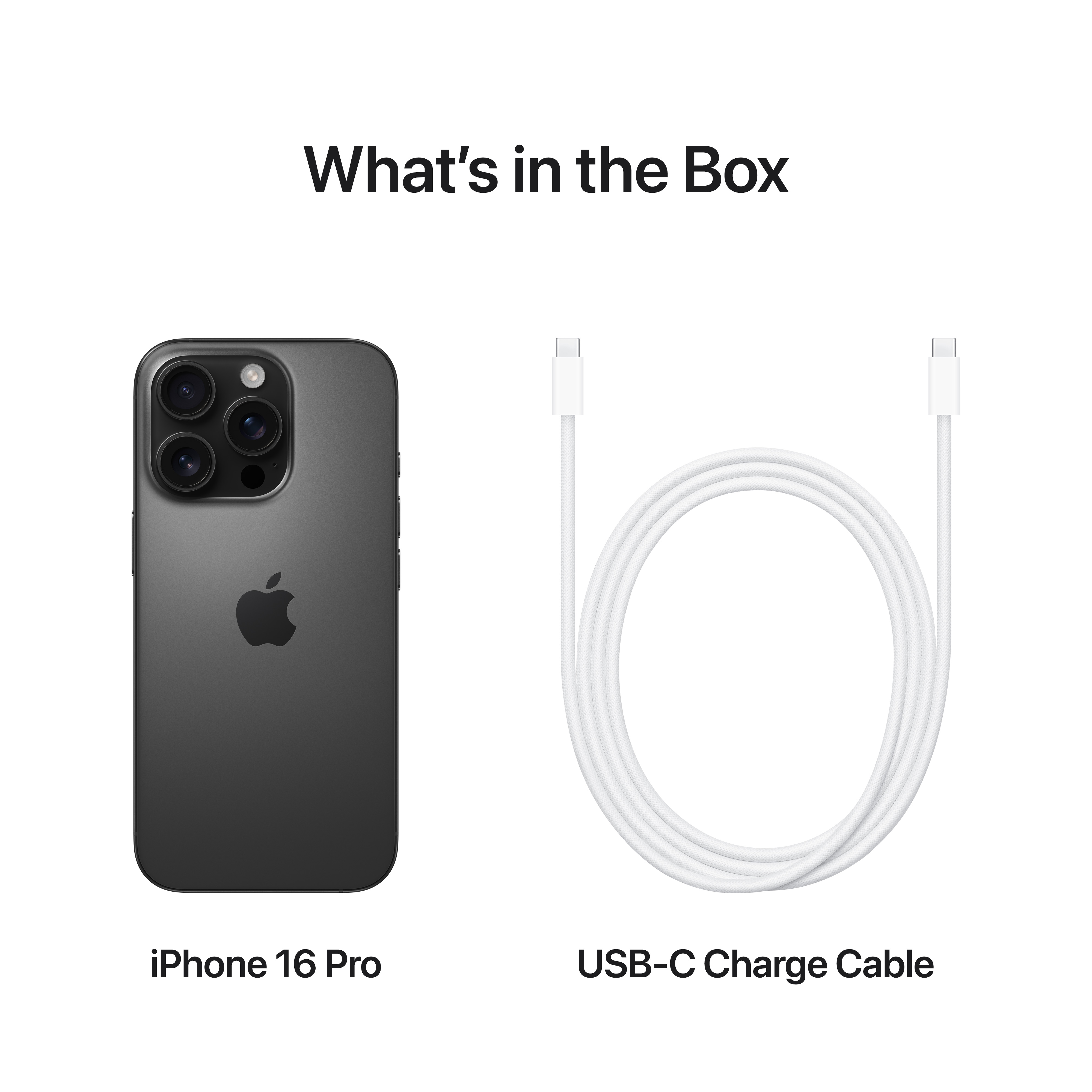 Egy fekete iPhone 16 Pro és egy fehér USB-C kábel fehér felületen, szöveggel.