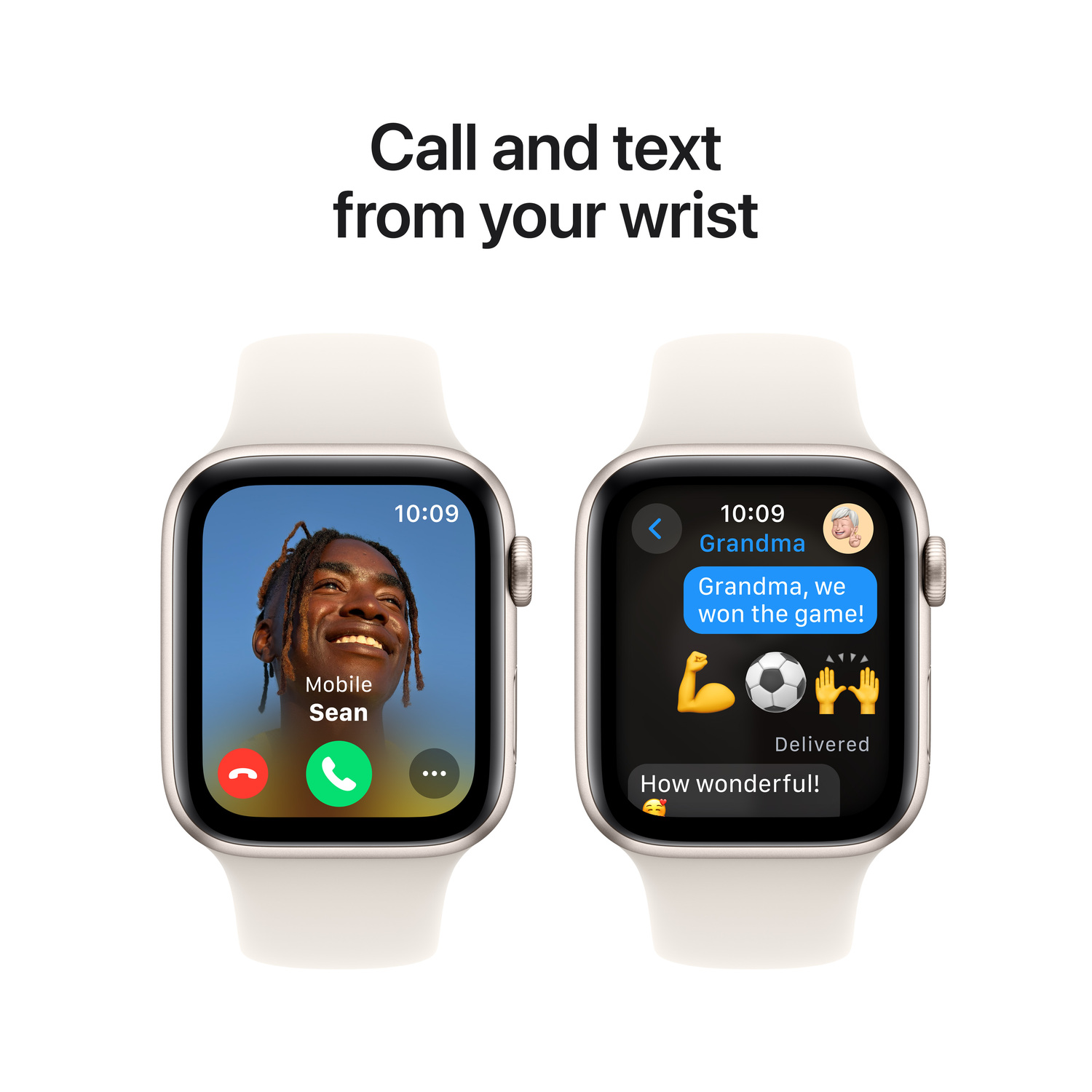 Twee Apple Watches tonen een oproep- en sms-interface. Eén toont een oproep, de ander een tekst.