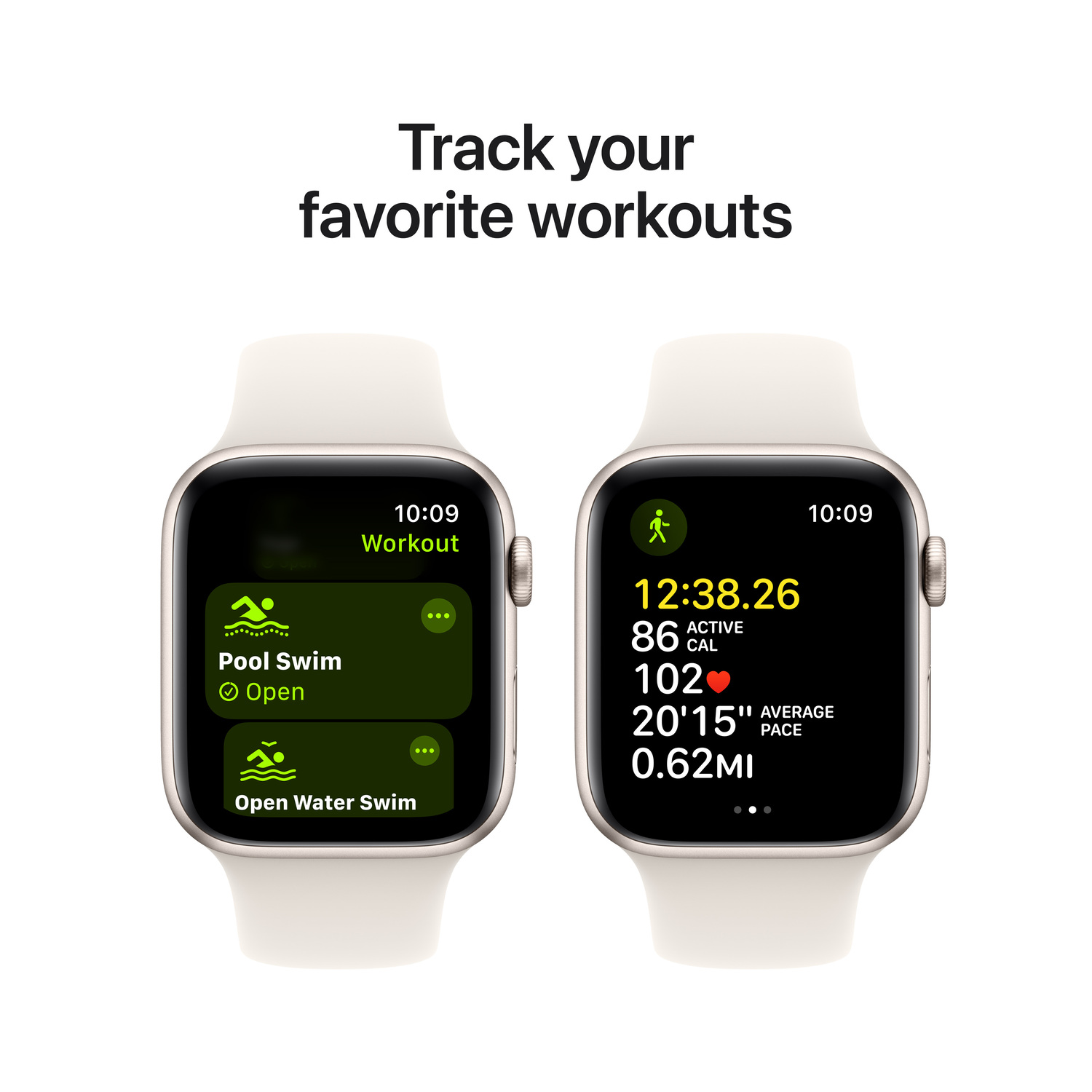 Twee smartwatches op witte achtergrond tonen workoutgegevens. Tekst: Track je workouts.
