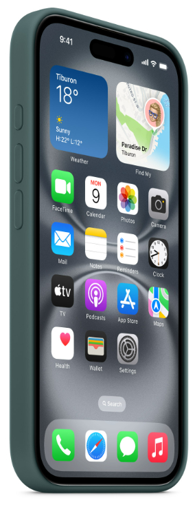 Zielone etui na iPhonie, pokazujące aplikację pogodową i inne ikony.