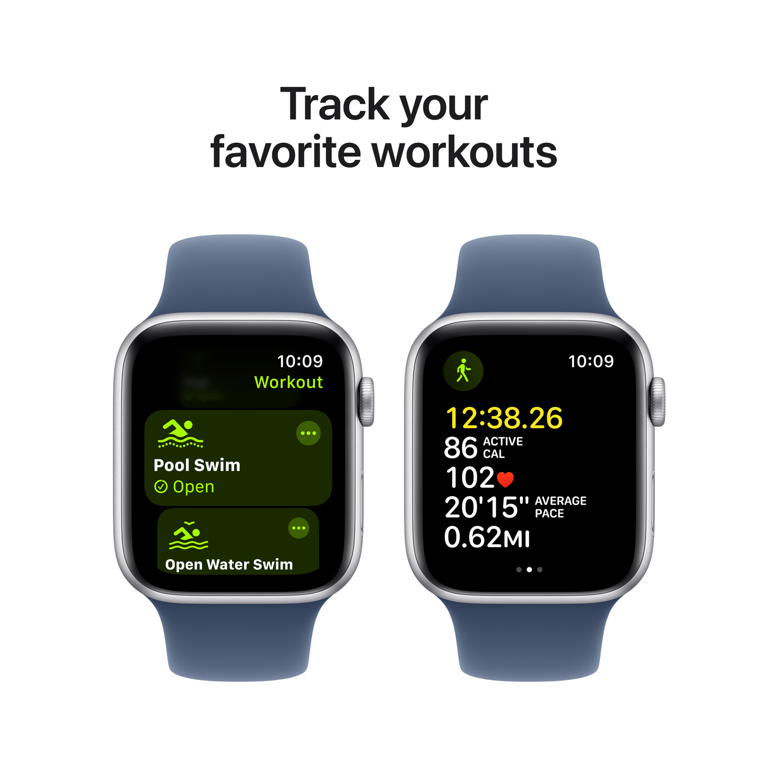 Twee smartwatches tonen workoutgegevens, met blauwe bandjes. Eén toont zwemmen in het zwembad, de ander statistieken.