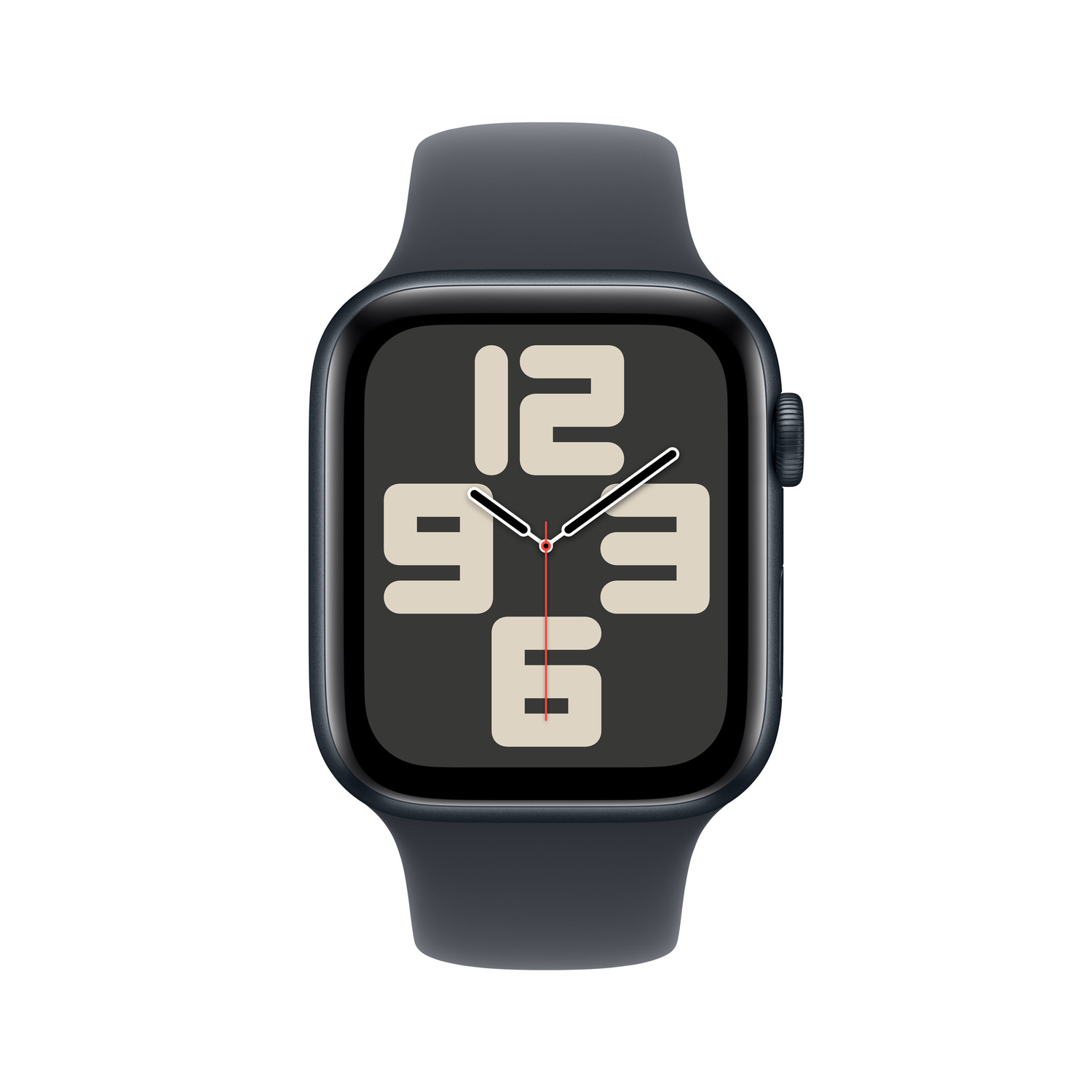 Apple Watch with a dark blue band, displaying a digital watch face with large numbers.
